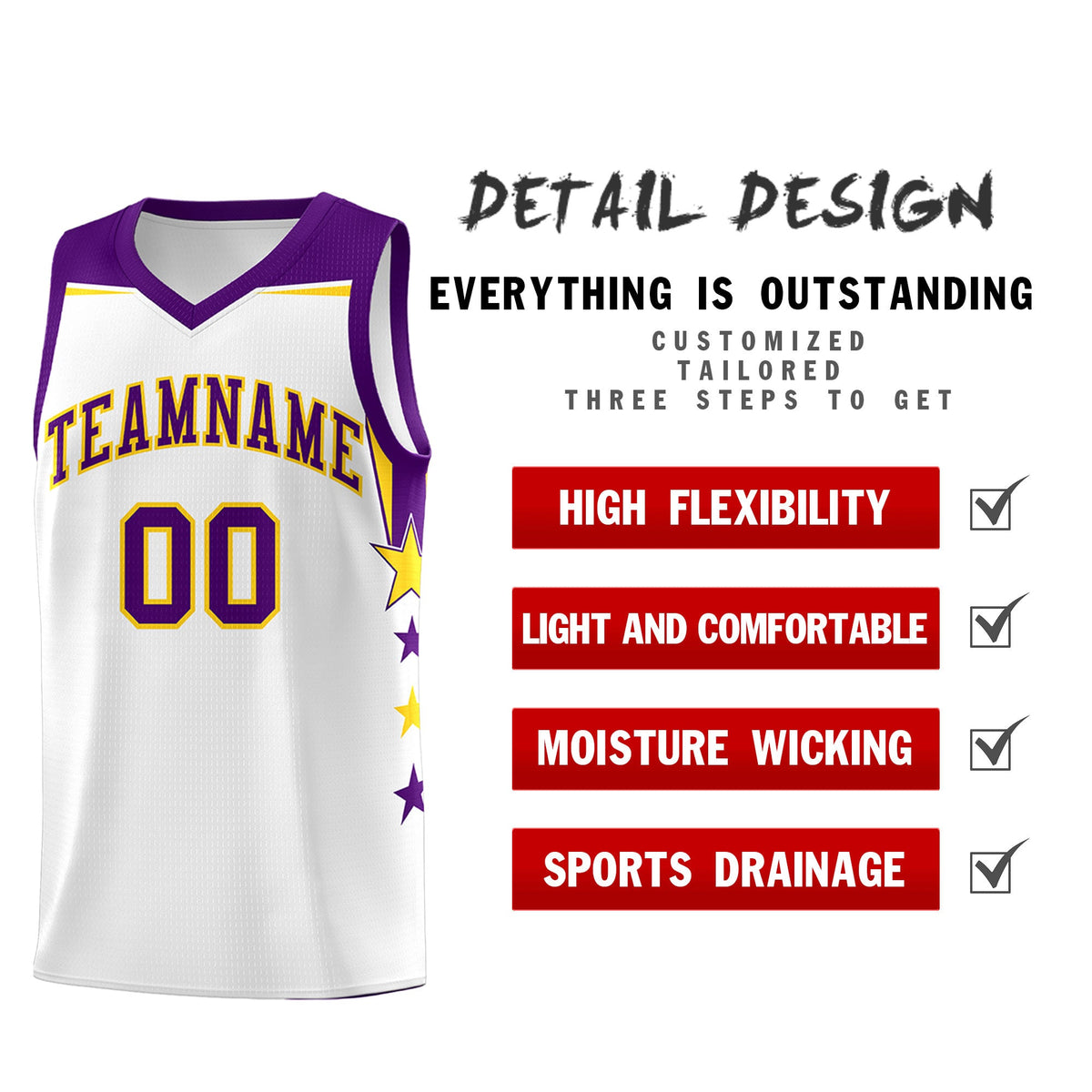 Custom Youth Basketball Uniform White Purple Two Tone Side Star Color Block Team Jersey