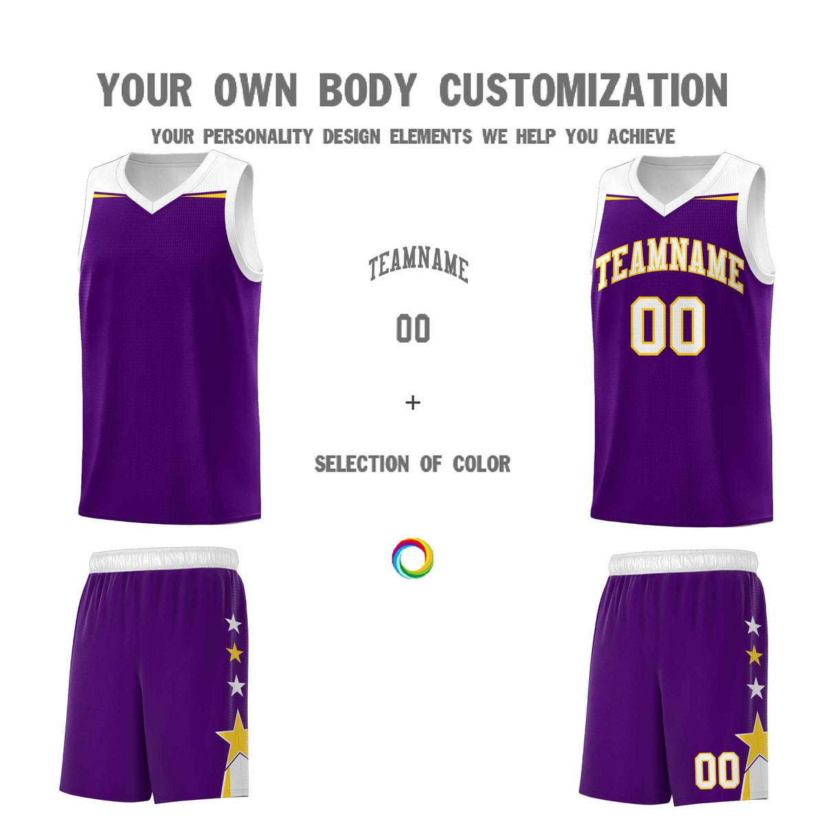 Custom Youth Basketball Uniform Purple White Two Tone Side Star Add Name Number & Logo