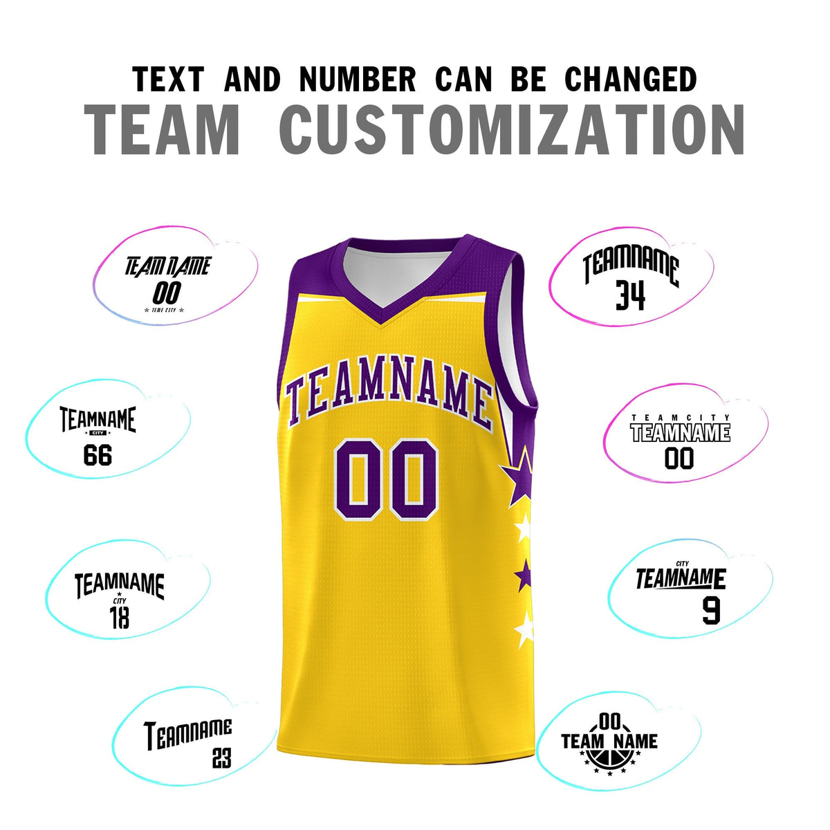 Custom Youth Basketball Uniform Gold Purple Two Tone Side Star Personalized Team Jersey