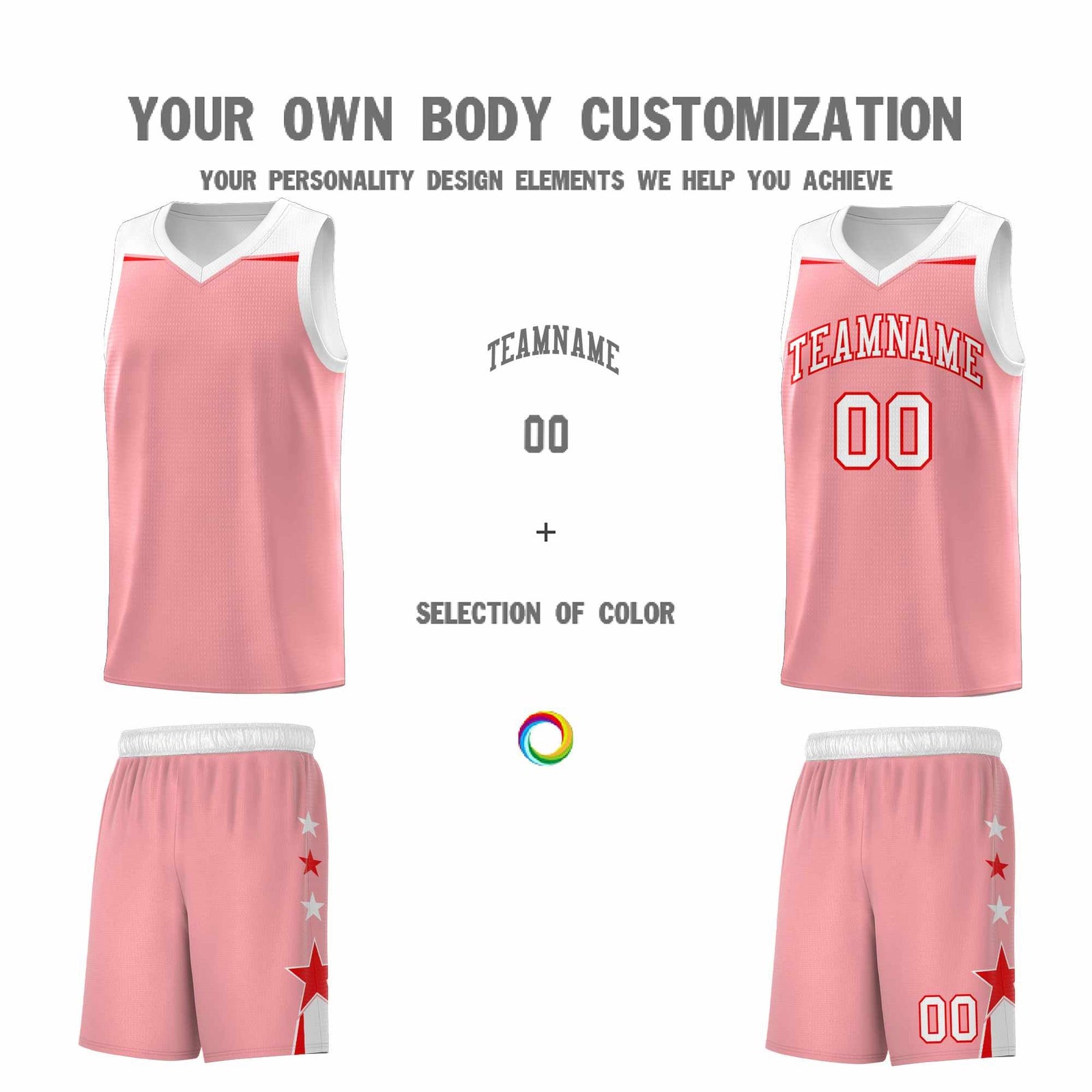 Custom Youth Basketball Uniform Light Pink White Two Tone Side Star Add Name Number & Logo