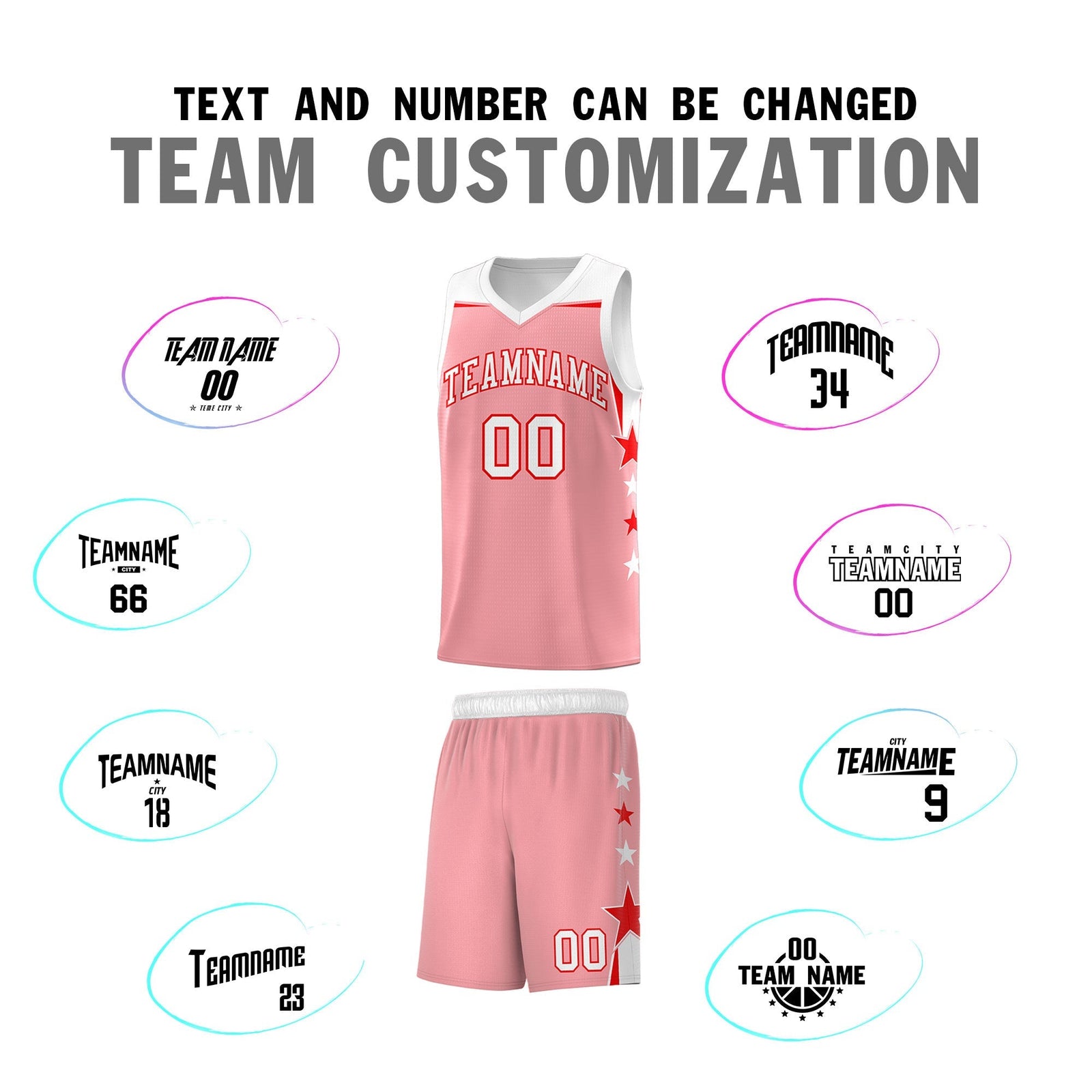 Custom Youth Basketball Uniform Light Pink White Two Tone Side Star Add Name Number & Logo