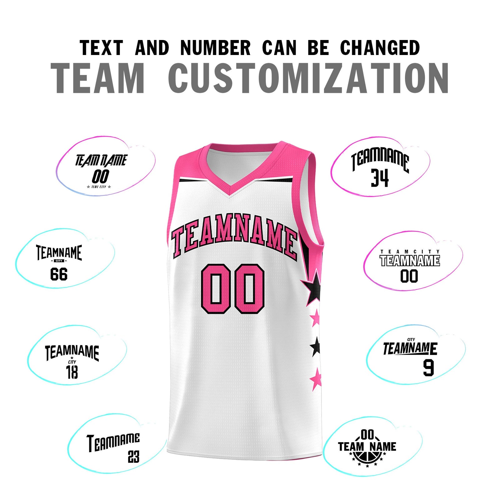 Custom Youth Basketball Uniform White Pink Two Tone Side Star Color Block Team Jersey