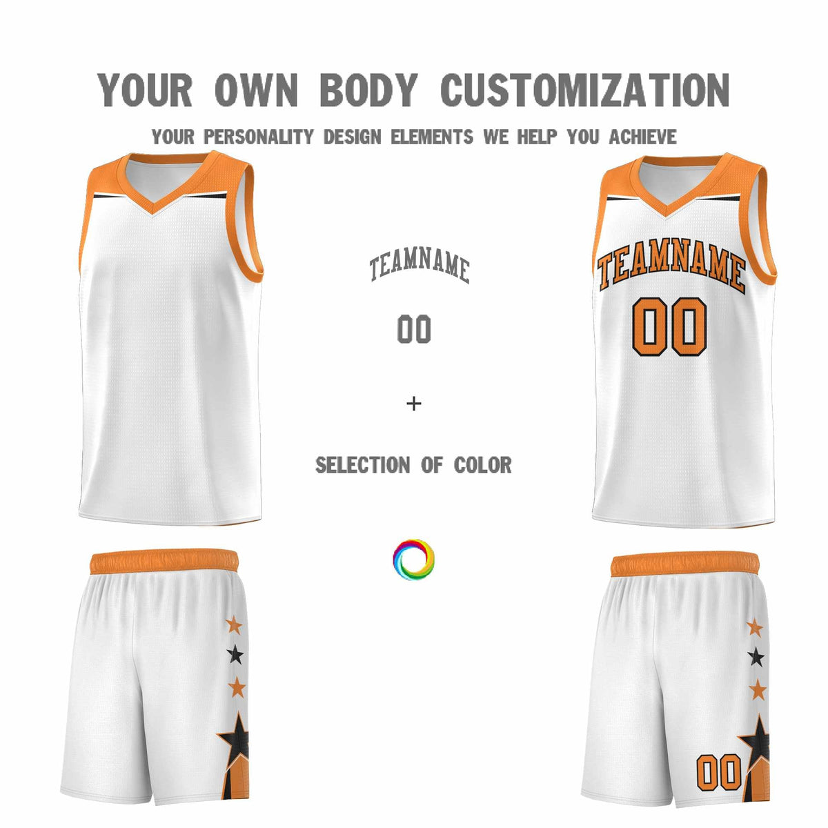 Custom Youth Basketball Uniform White Gold Orange Two Tone Side Star Color Block Team Jersey