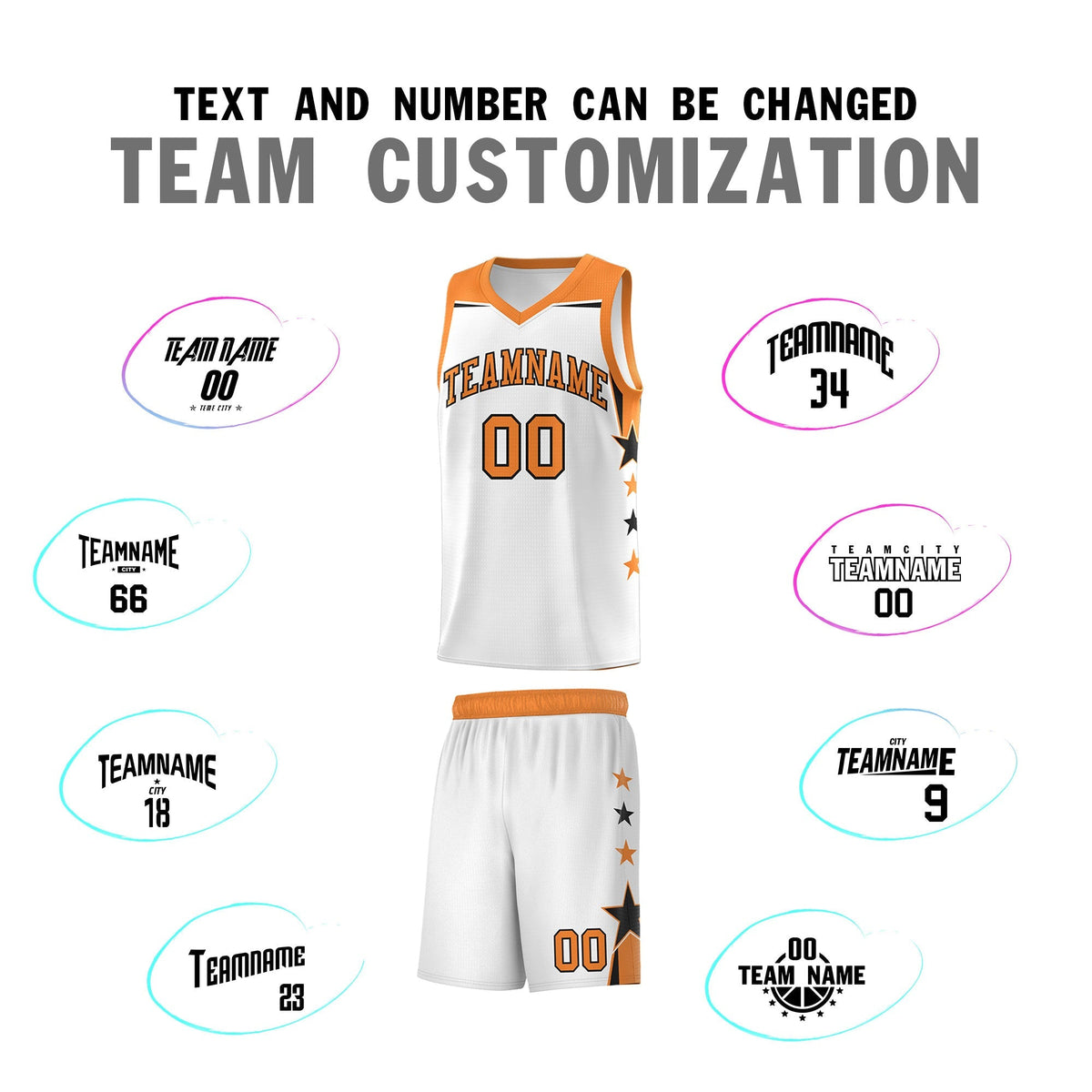 Custom Youth Basketball Uniform White Gold Orange Two Tone Side Star Color Block Team Jersey