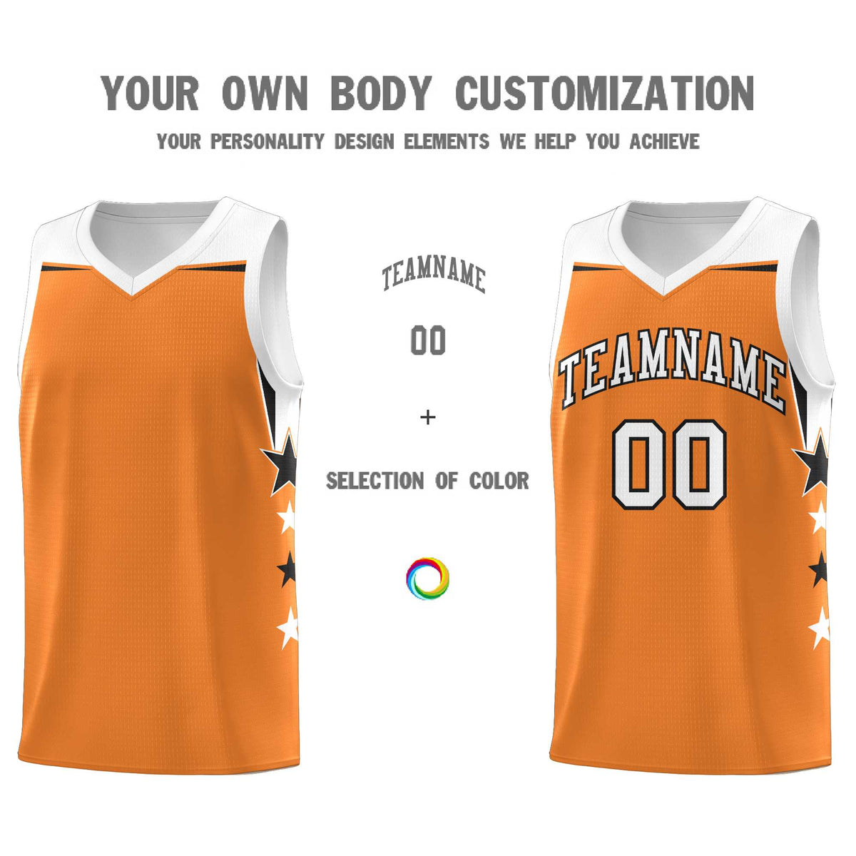 Custom Youth Basketball Uniform Gold Orange White Two Tone Side Star Add Name Number & Logo