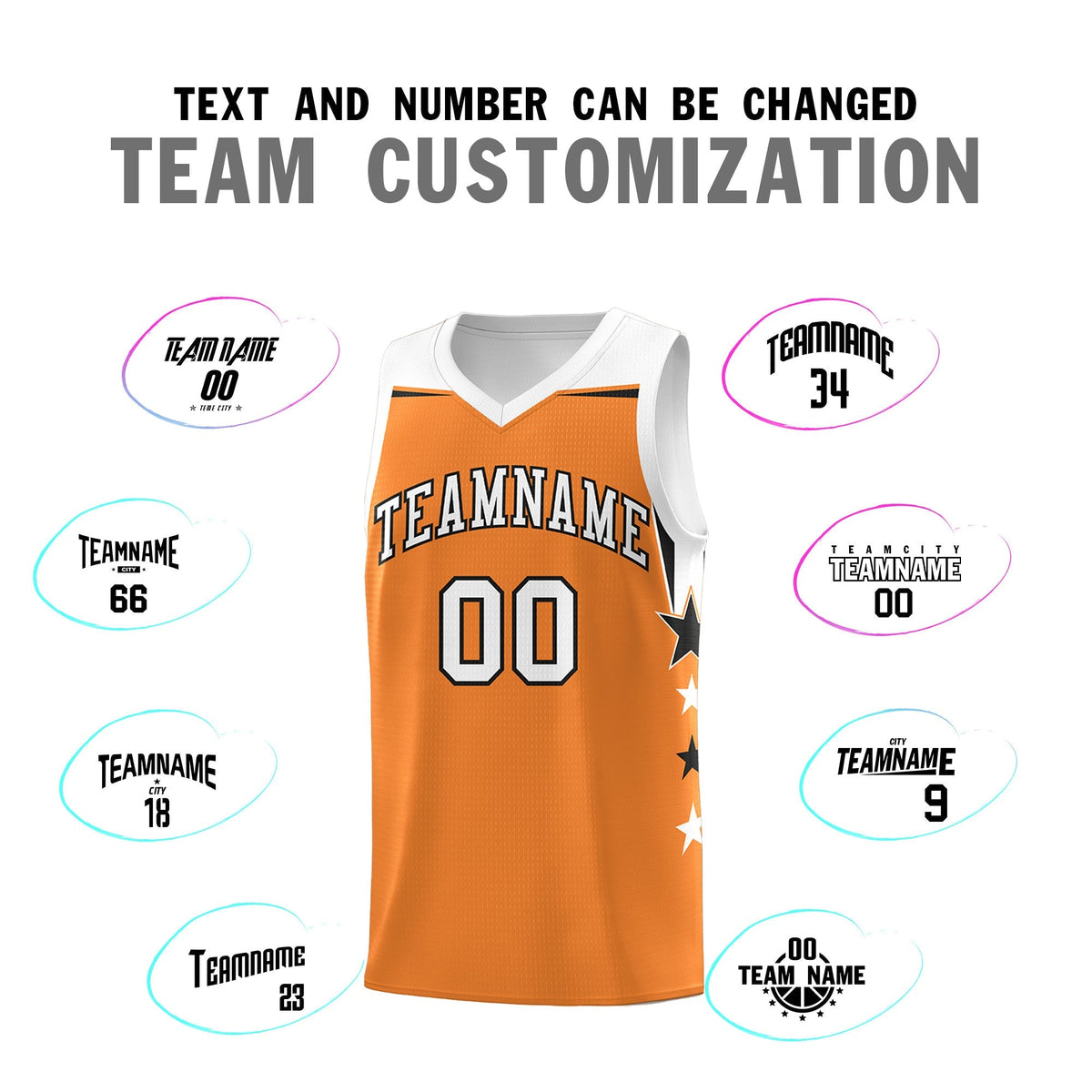 Custom Youth Basketball Uniform Gold Orange White Two Tone Side Star Add Name Number & Logo