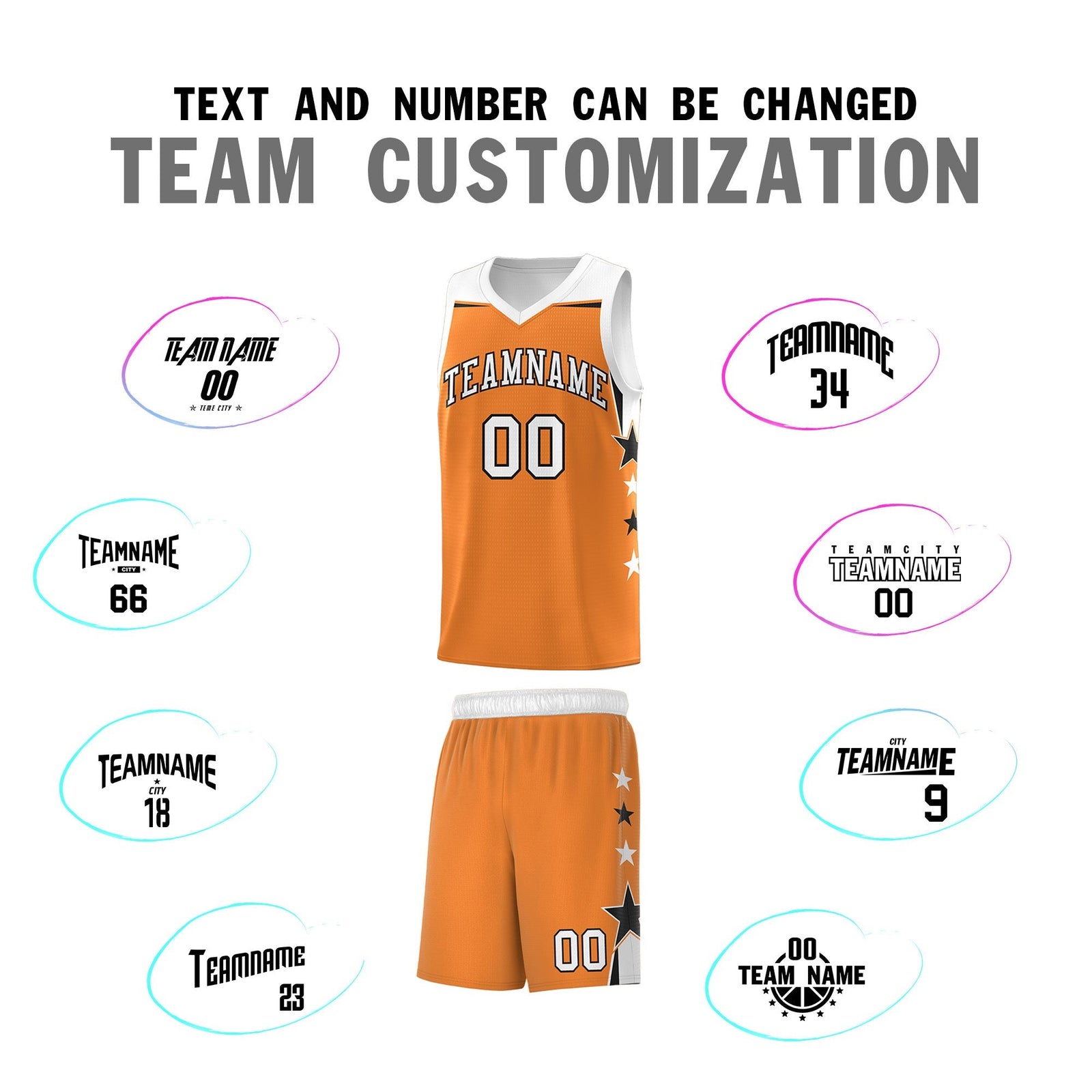 Custom Youth Basketball Uniform Gold Orange White Two Tone Side Star Add Name Number & Logo