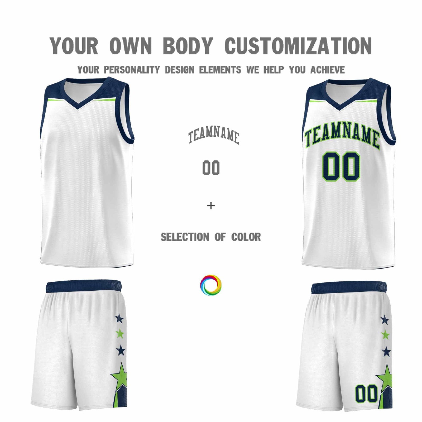 Custom Youth Basketball Uniform White Navy Two Tone Side Star Color Block Team Jersey