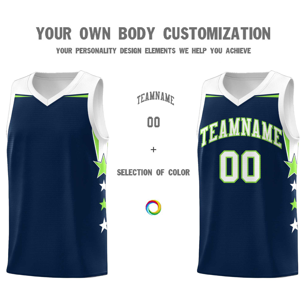 Custom Youth Basketball Uniform Navy White Two Tone Side Star Add Name Number & Logo