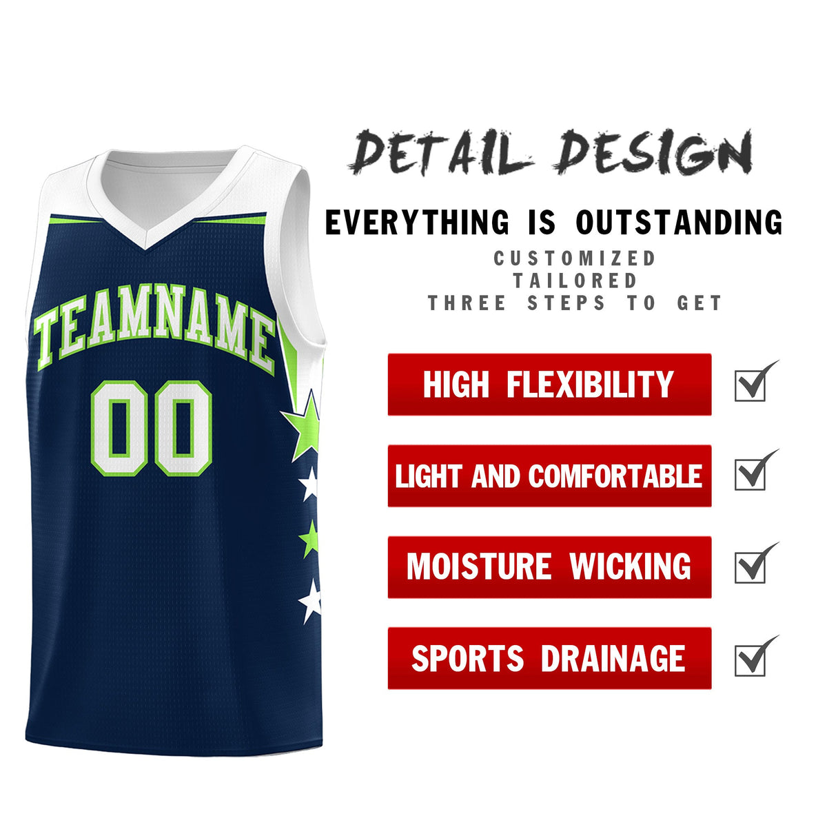 Custom Youth Basketball Uniform Navy White Two Tone Side Star Add Name Number & Logo