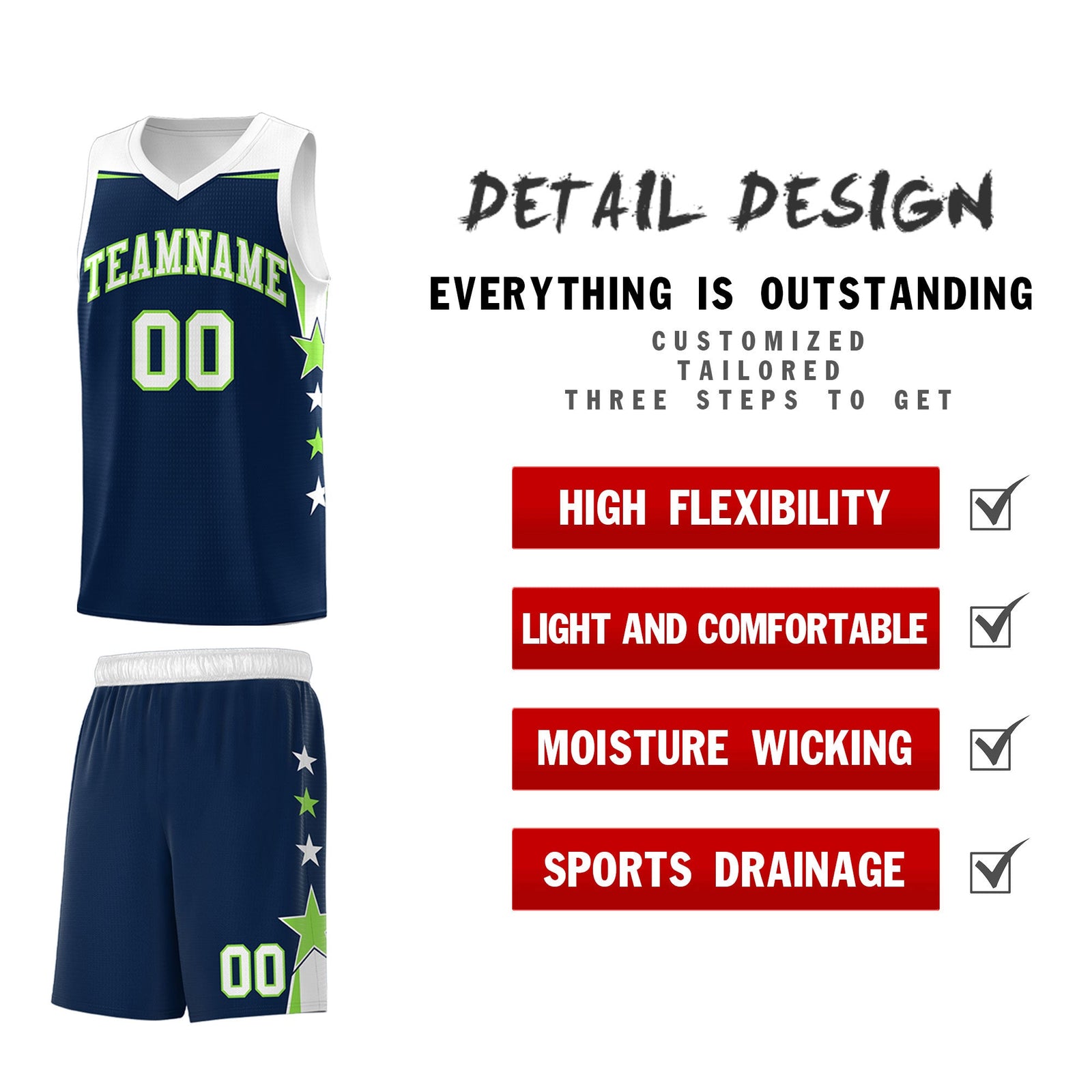 Custom Youth Basketball Uniform Navy White Two Tone Side Star Add Name Number & Logo