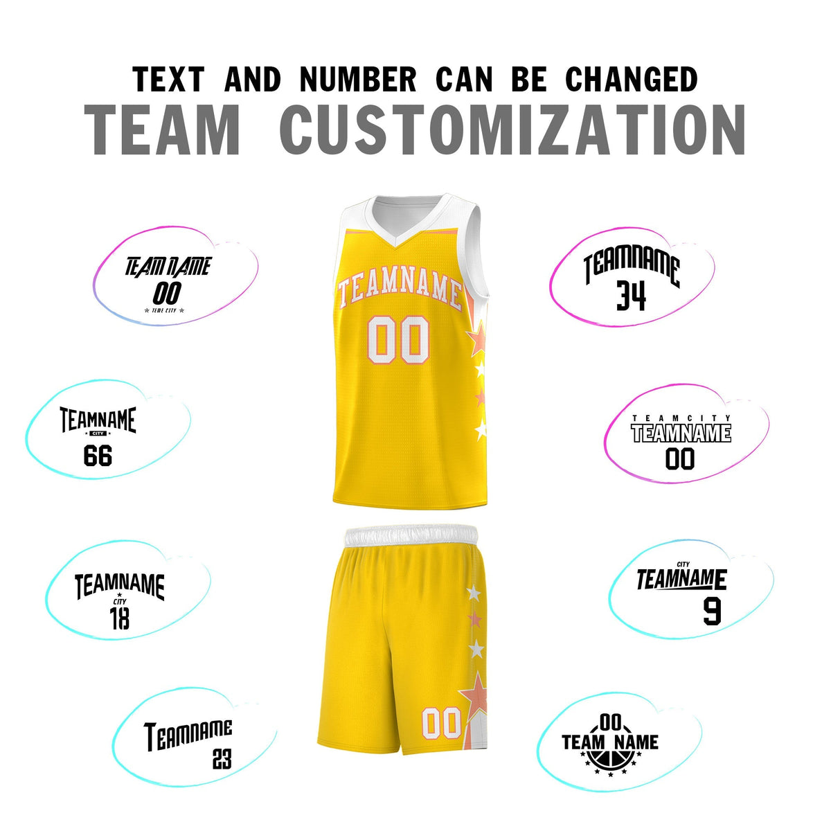 Custom Youth Basketball Uniform Gold White Two Tone Side Star Color Block Team Jersey
