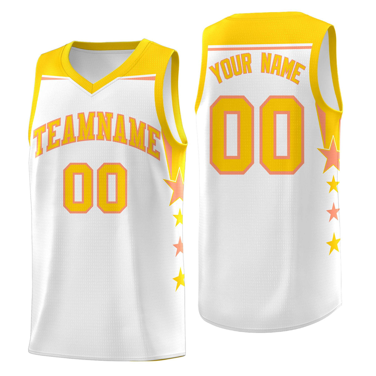 Custom Youth Basketball Uniform White Gold Two Tone Side Star Add Name Number & Logo