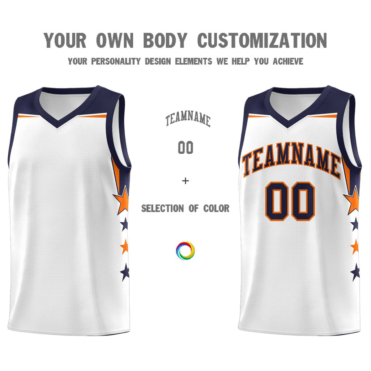 Custom Youth Basketball Uniform White Navy Two Tone Side Star Add Name Number & Logo