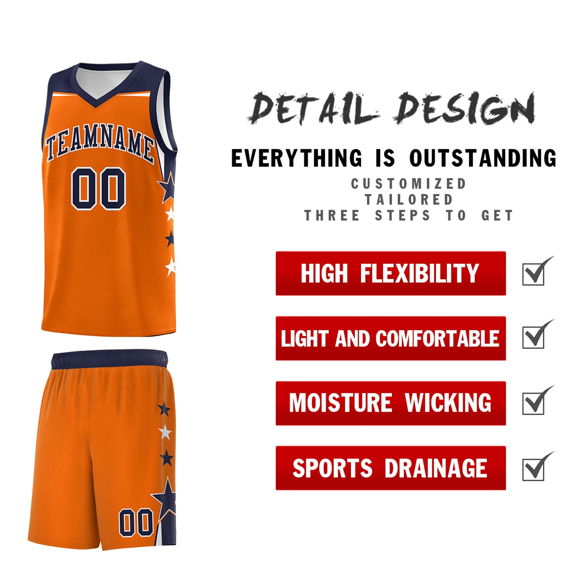 Custom Youth Basketball Uniform Orange Navy Two Tone Side Star Color Block Team Jersey