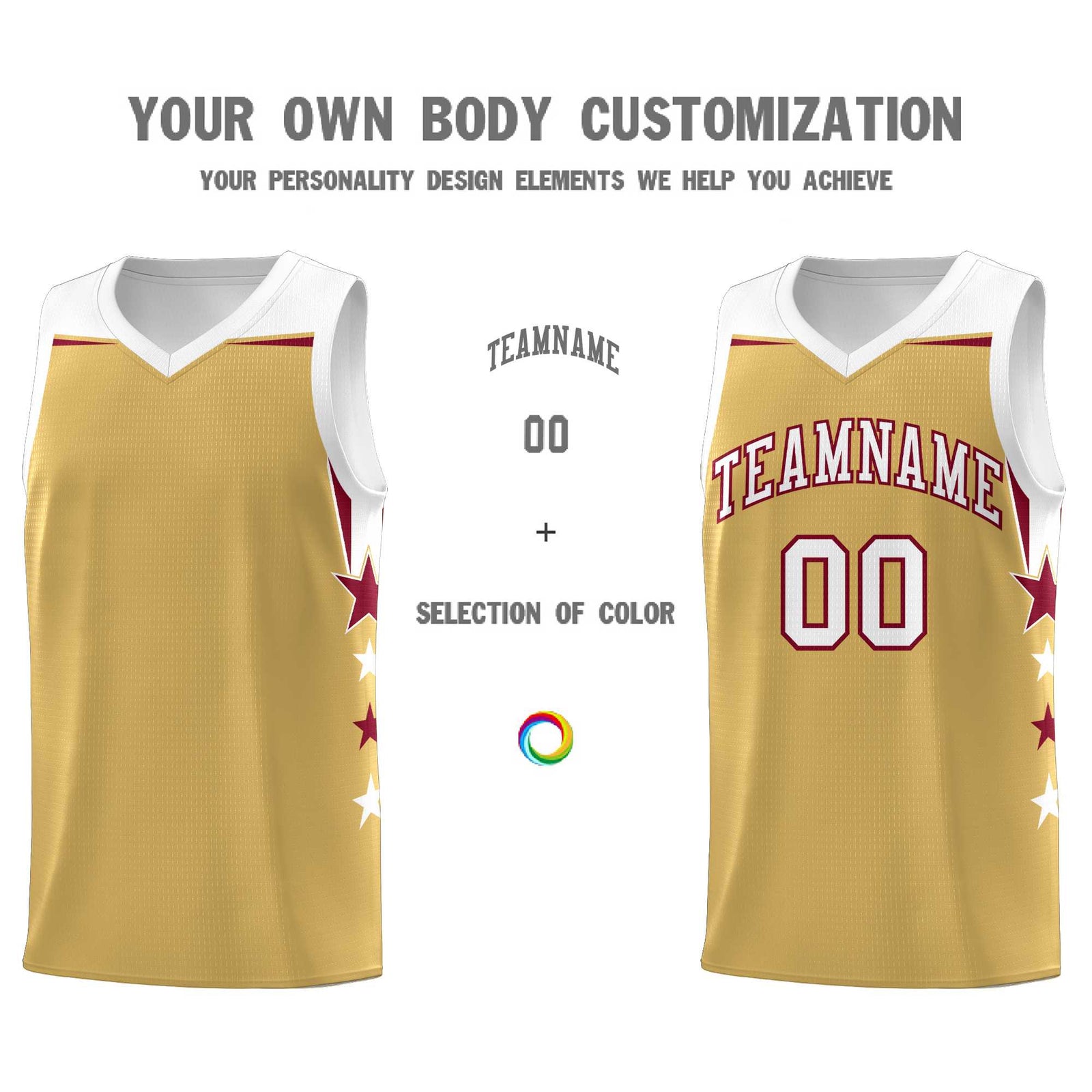 Custom Youth Basketball Uniform Old Gold White Two Tone Side Star Personalized Team Jersey