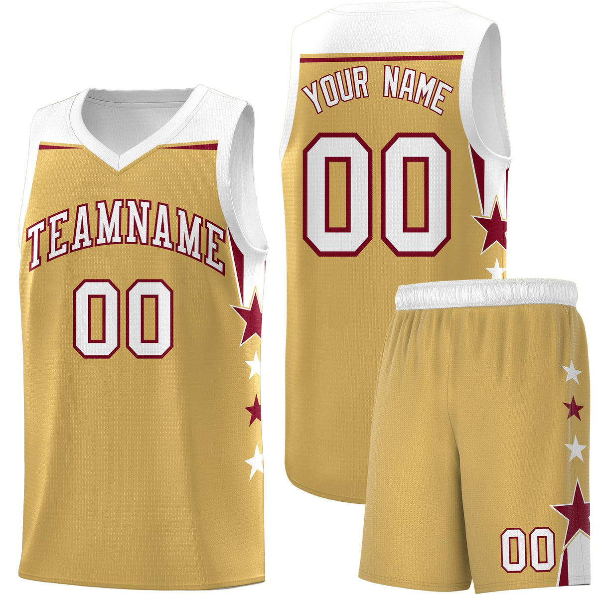 Custom Youth Basketball Uniform Old Gold White Two Tone Side Star Personalized Team Jersey