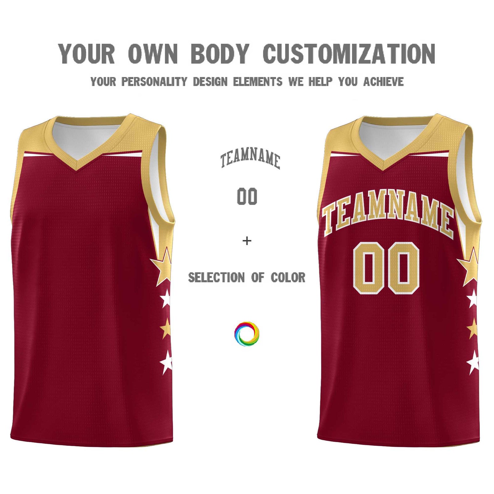 Custom Youth Basketball Uniform Crimson Old Gold Two Tone Side Star Color Block Team Jersey