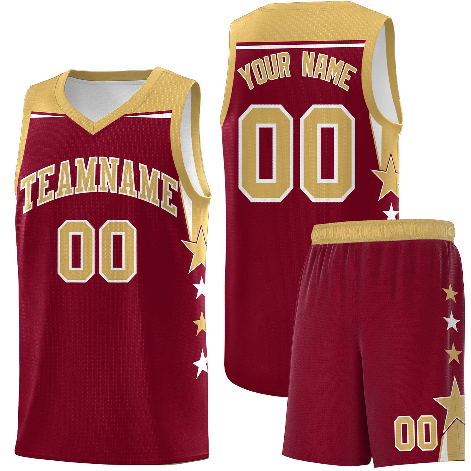 Custom Youth Basketball Uniform Crimson Old Gold Two Tone Side Star Color Block Team Jersey