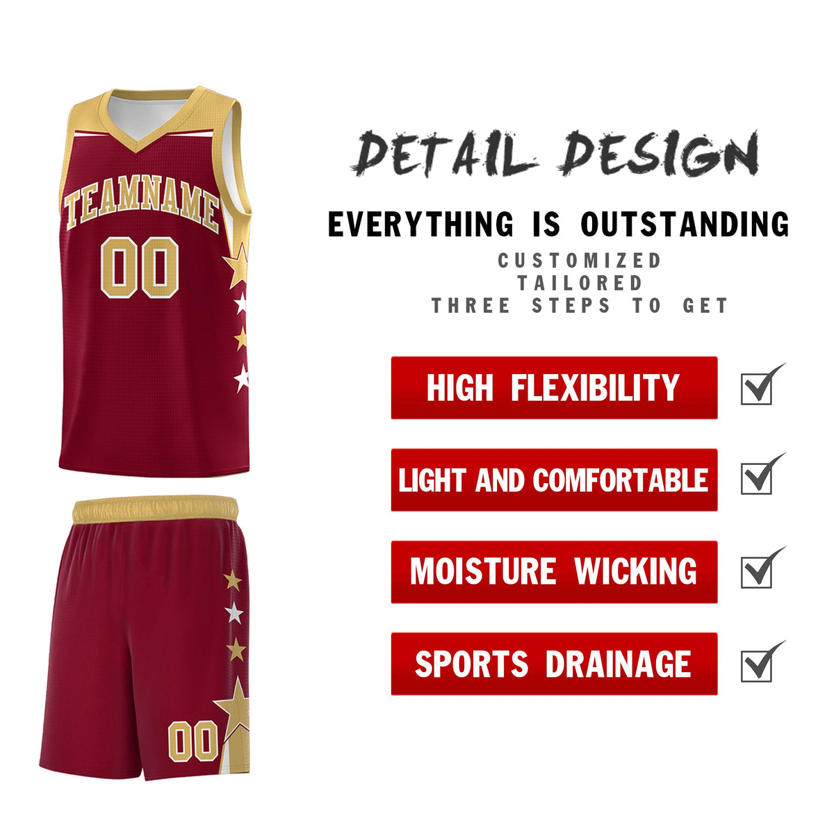 Custom Youth Basketball Uniform Crimson Old Gold Two Tone Side Star Color Block Team Jersey