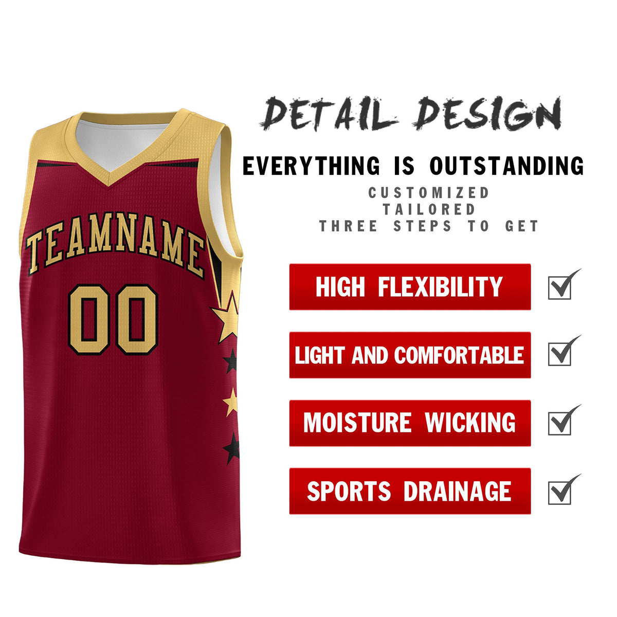 Custom Youth Basketball Uniform Crimson Old Gold Two Tone Side Star Color Block Team Jersey