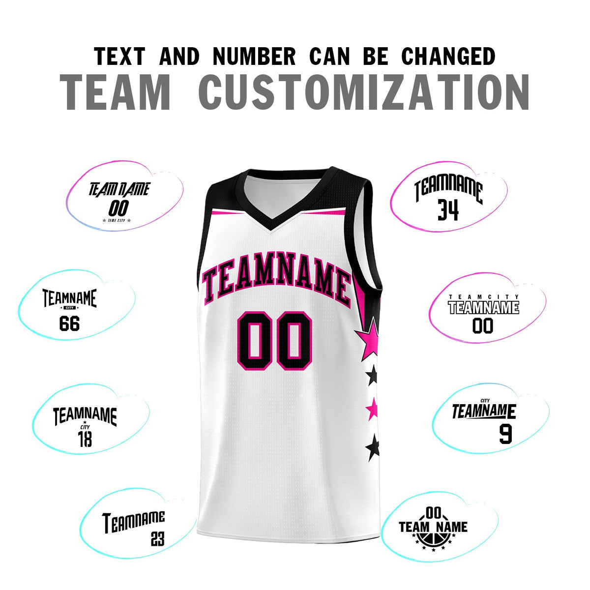 Custom Youth Basketball Uniform White Black Two Tone Side Star Add Name Number & Logo