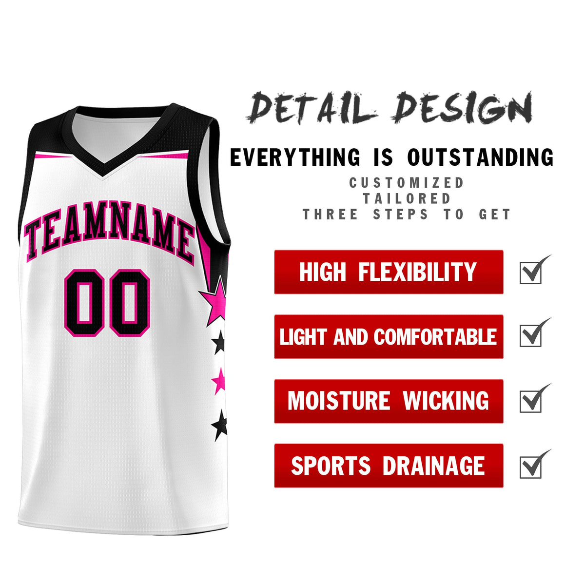 Custom Youth Basketball Uniform White Black Two Tone Side Star Add Name Number & Logo