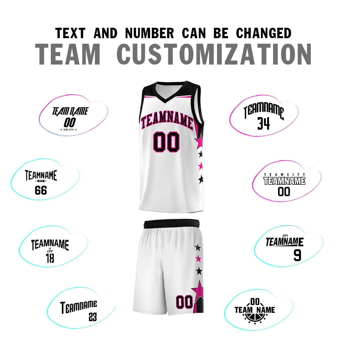 Custom Youth Basketball Uniform White Black Two Tone Side Star Add Name Number & Logo