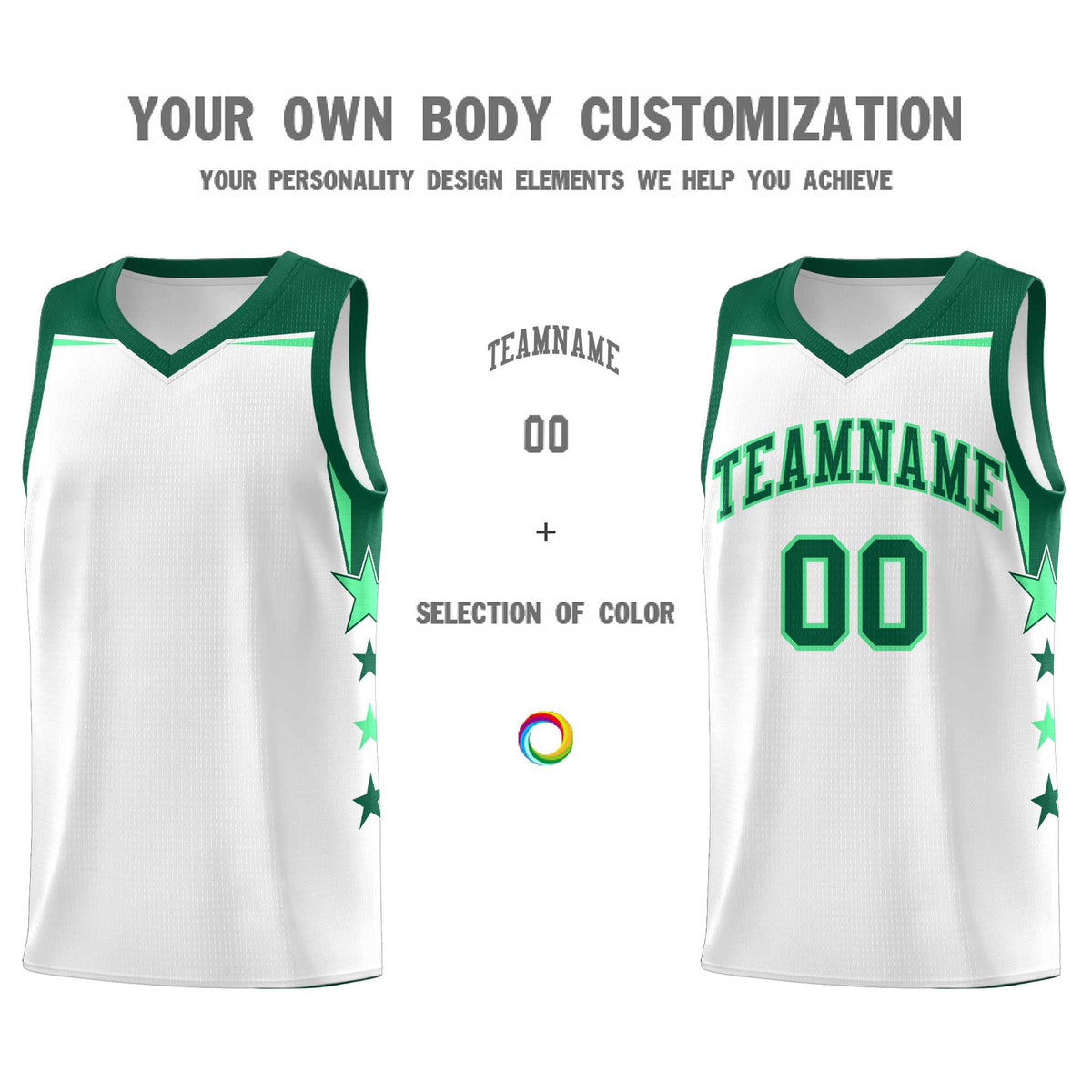 Custom Youth Basketball Uniform White Kelly Green Two Tone Side Star Add Name Number & Logo