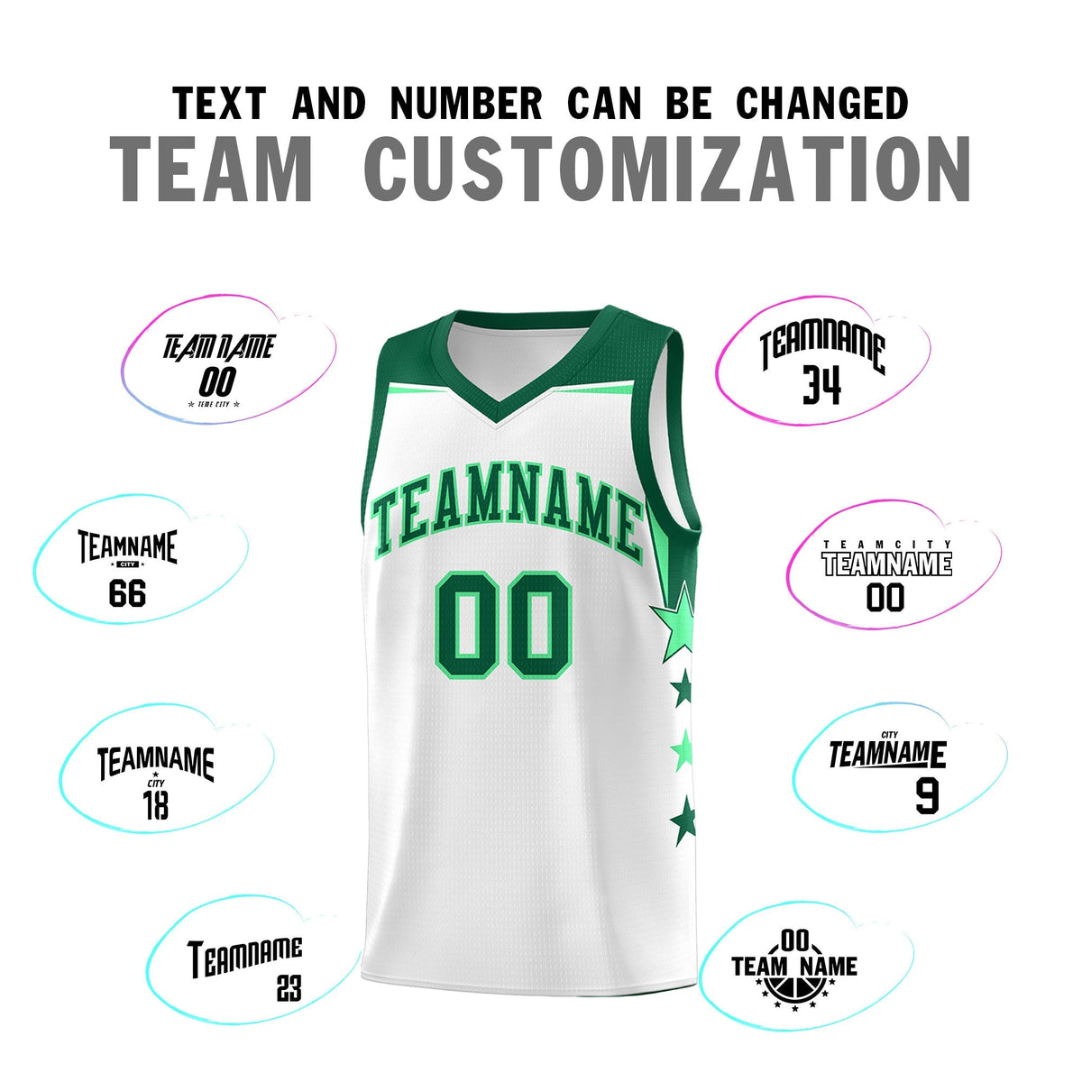 Custom Youth Basketball Uniform White Kelly Green Two Tone Side Star Add Name Number & Logo