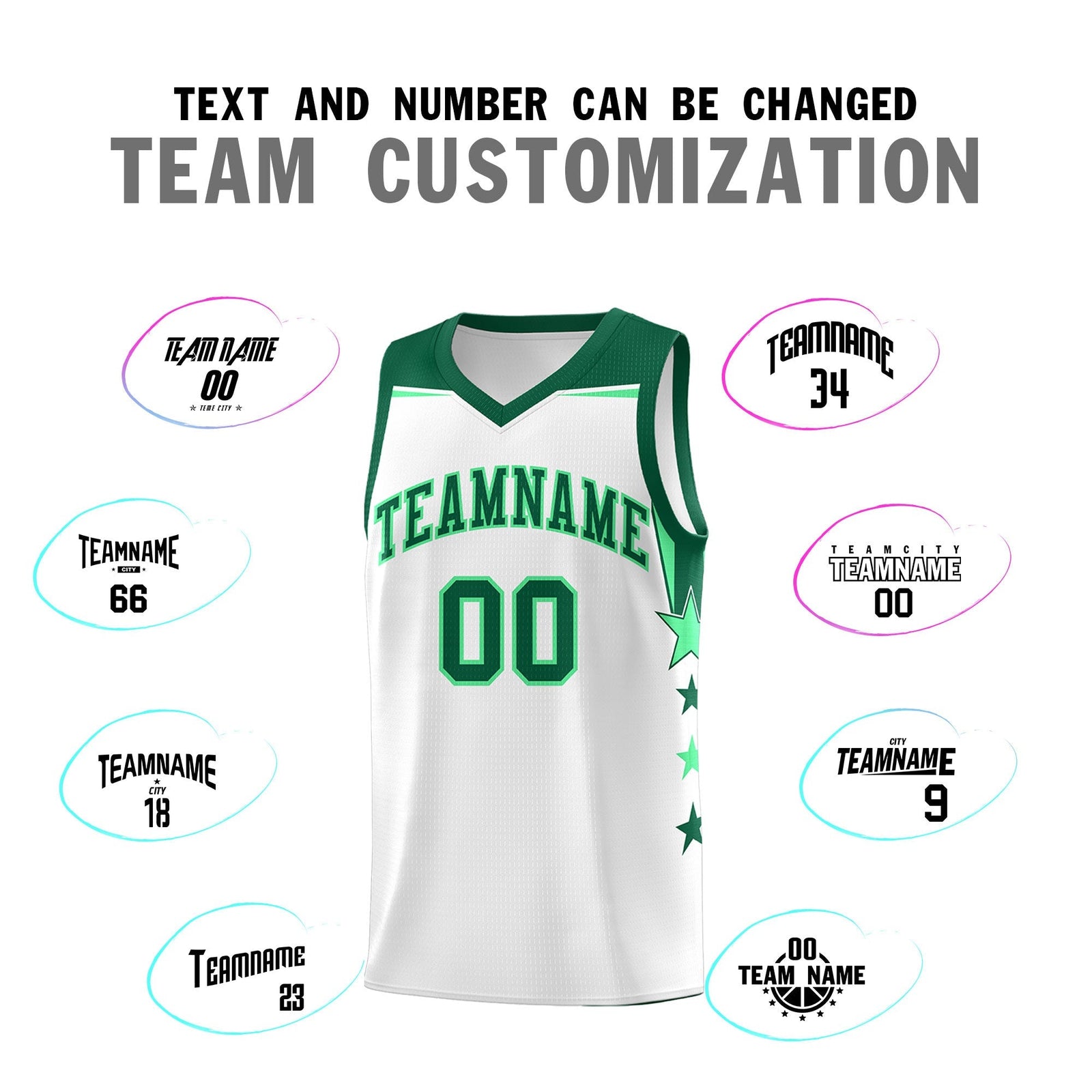 Custom Youth Basketball Uniform White Kelly Green Two Tone Side Star Add Name Number & Logo