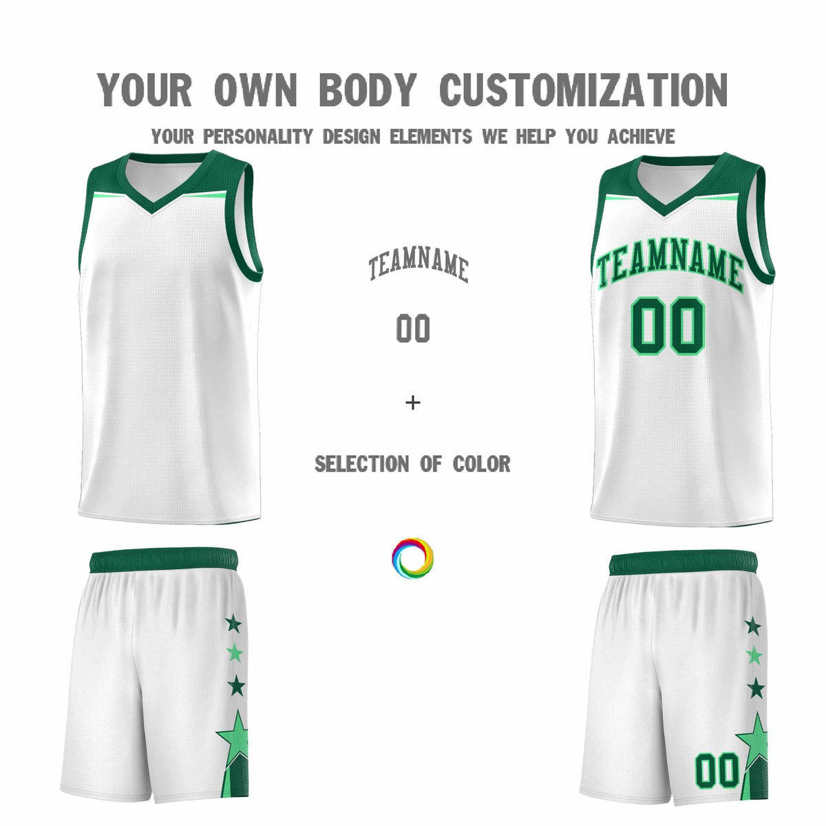 Custom Youth Basketball Uniform White Kelly Green Two Tone Side Star Add Name Number & Logo
