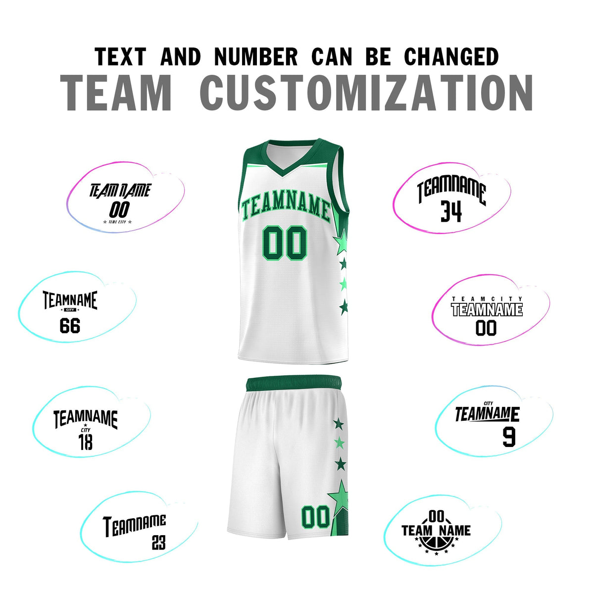Custom Youth Basketball Uniform White Kelly Green Two Tone Side Star Add Name Number & Logo