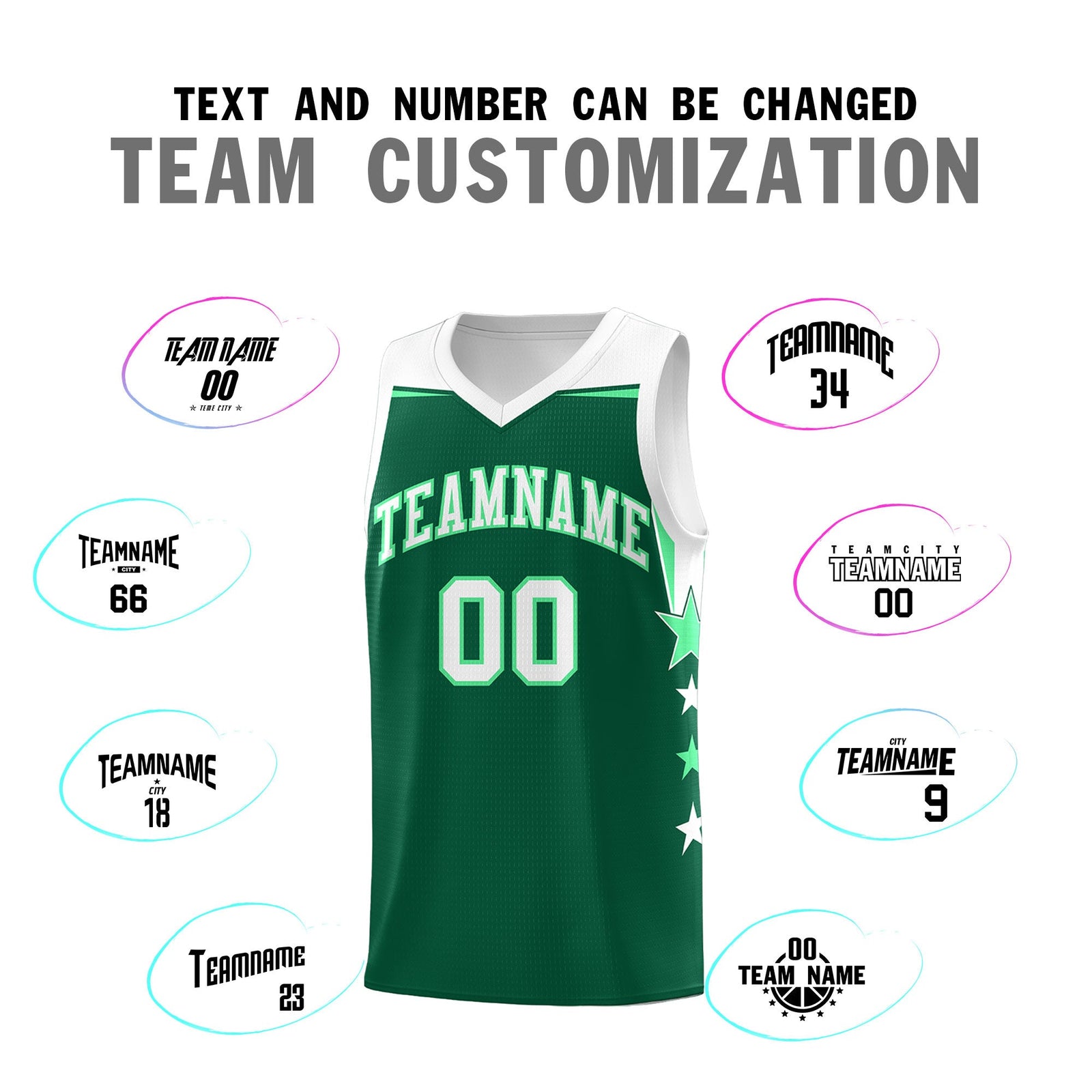 Custom Youth Basketball Uniform Kelly Green White Two Tone Side Star Personalized Team Jersey