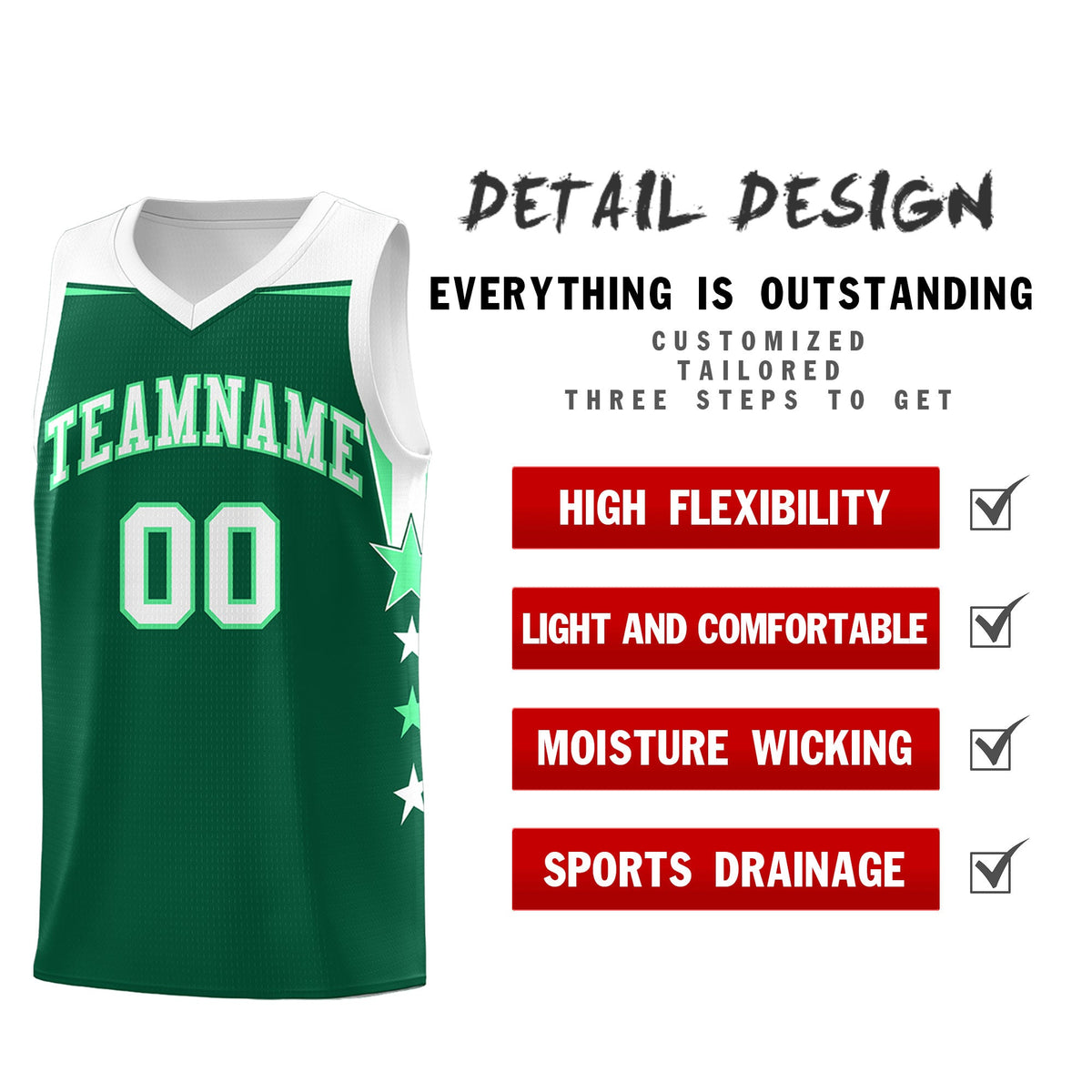 Custom Youth Basketball Uniform Kelly Green White Two Tone Side Star Personalized Team Jersey