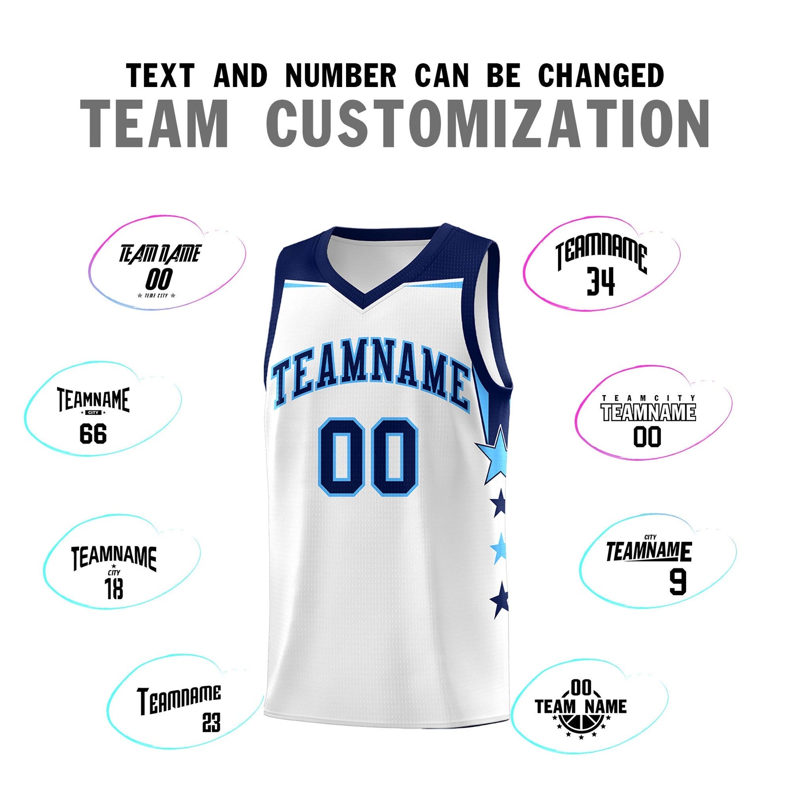 Custom Youth Basketball Uniform White Navy Two Tone Side Star Add Name Number & Logo