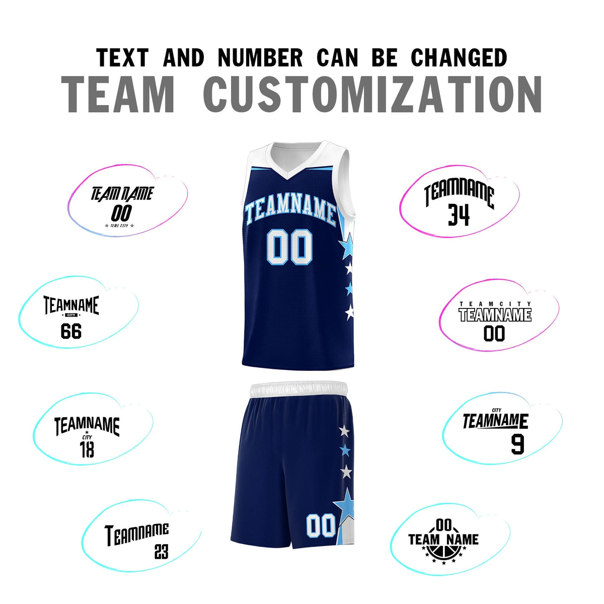 Custom Youth Basketball Uniform Navy White Two Tone Side Star Personalized Team Jersey