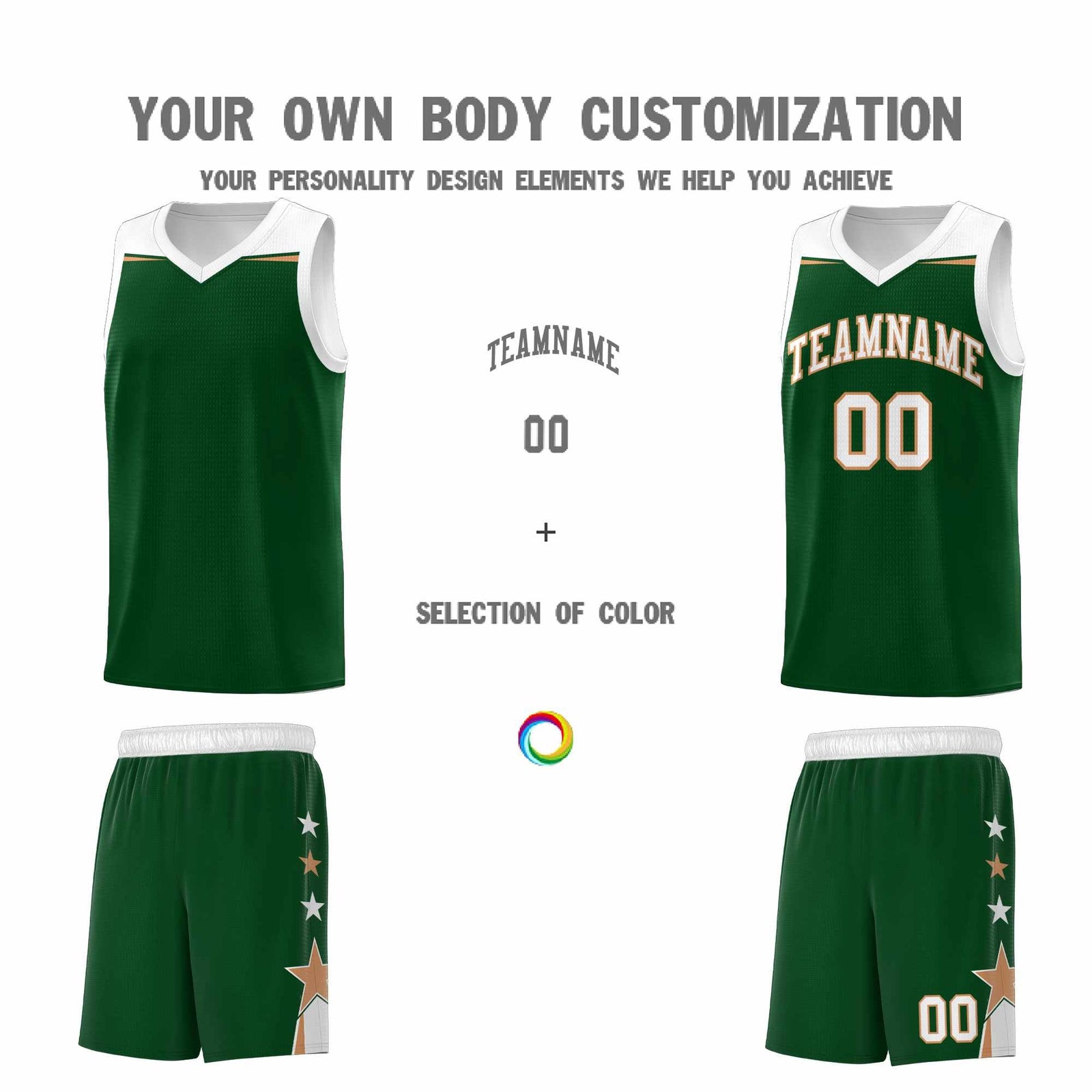 Custom Youth Basketball Uniform Green White Two Tone Side Star Personalized Team Jersey
