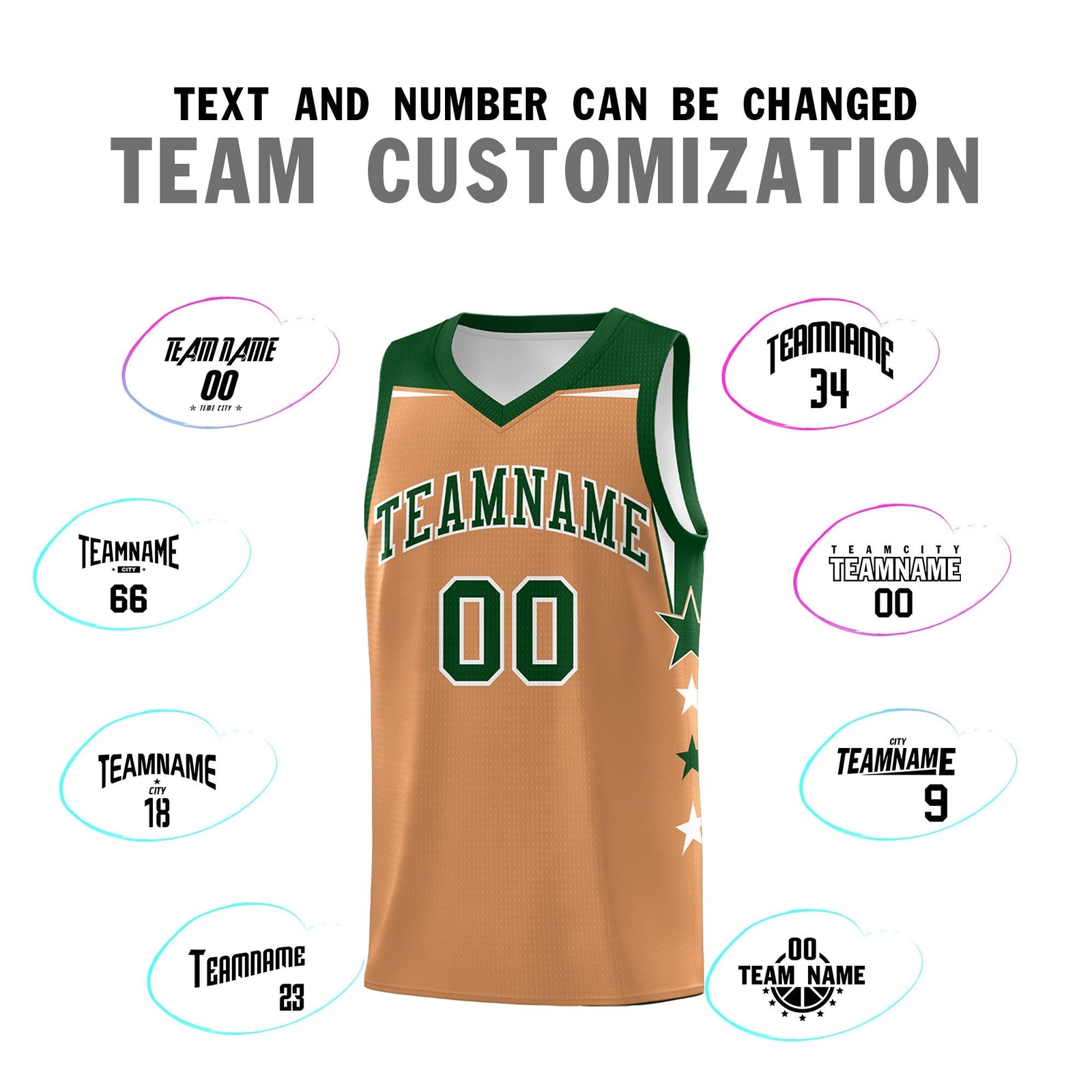 Custom Youth Basketball Uniform Buckskin Brown Green Two Tone Side Star Color Block Team Jersey
