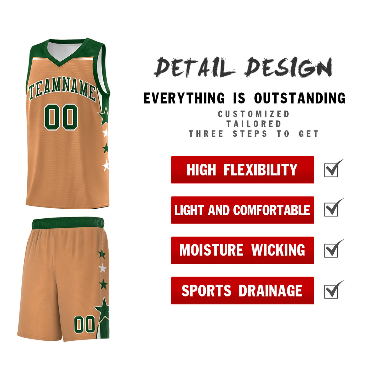 Custom Youth Basketball Uniform Buckskin Brown Green Two Tone Side Star Color Block Team Jersey