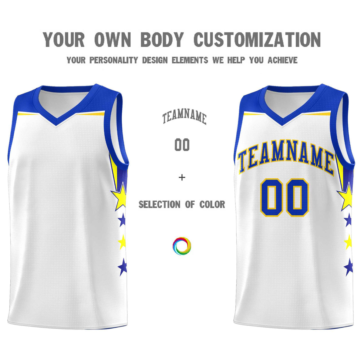 Custom Youth Basketball Uniform White Royal Two Tone Side Star Add Name Number & Logo