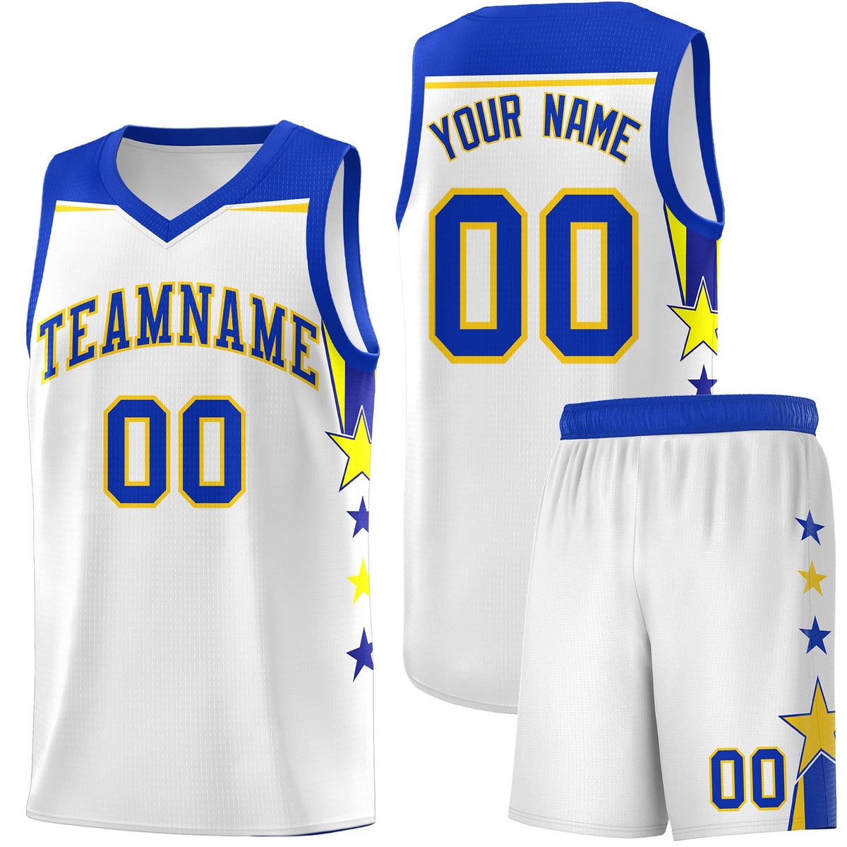 Custom Youth Basketball Uniform White Royal Two Tone Side Star Add Name Number & Logo
