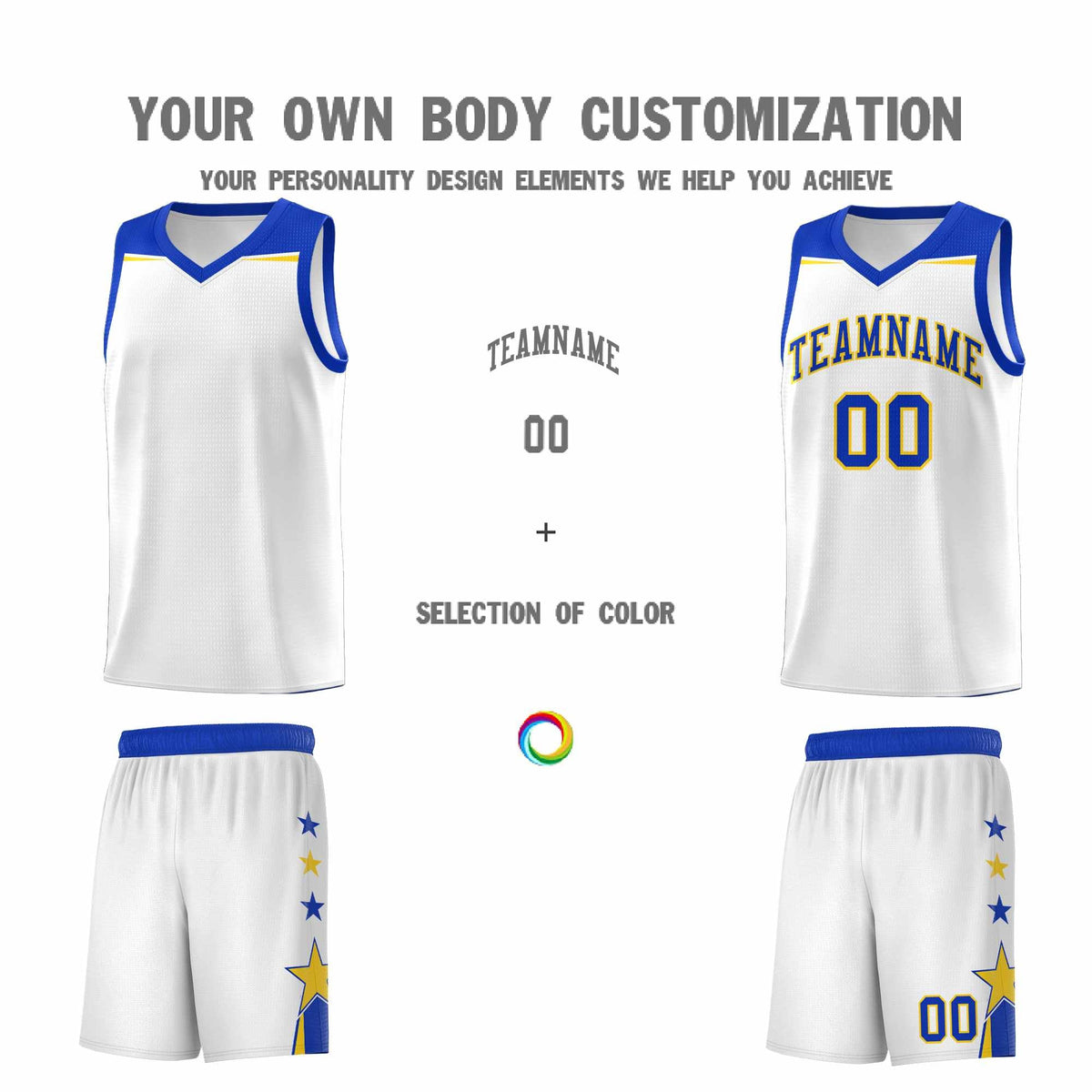 Custom Youth Basketball Uniform White Royal Two Tone Side Star Add Name Number & Logo