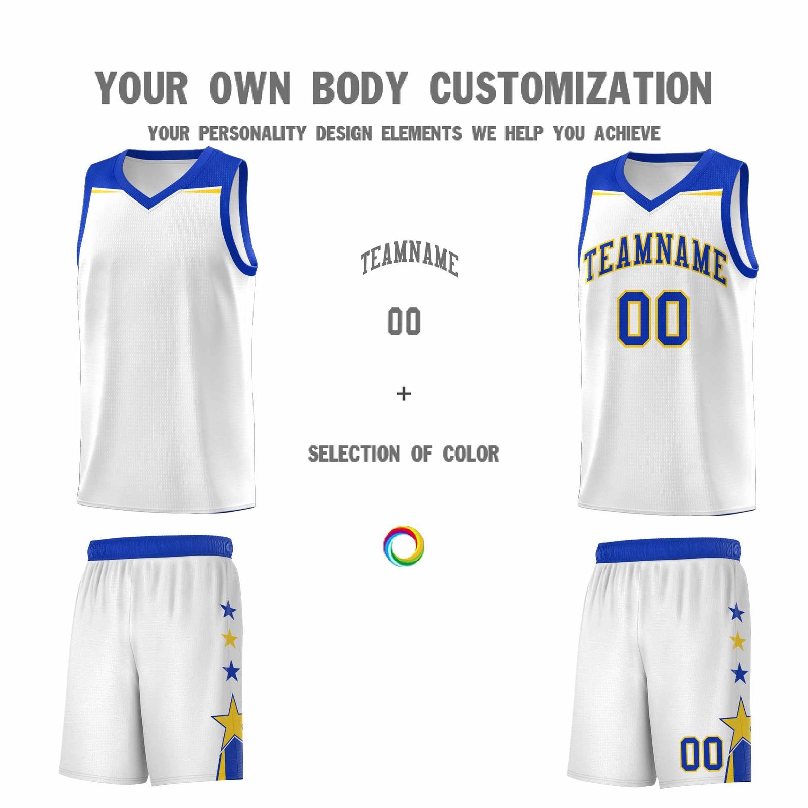 Custom Youth Basketball Uniform White Royal Two Tone Side Star Add Name Number & Logo