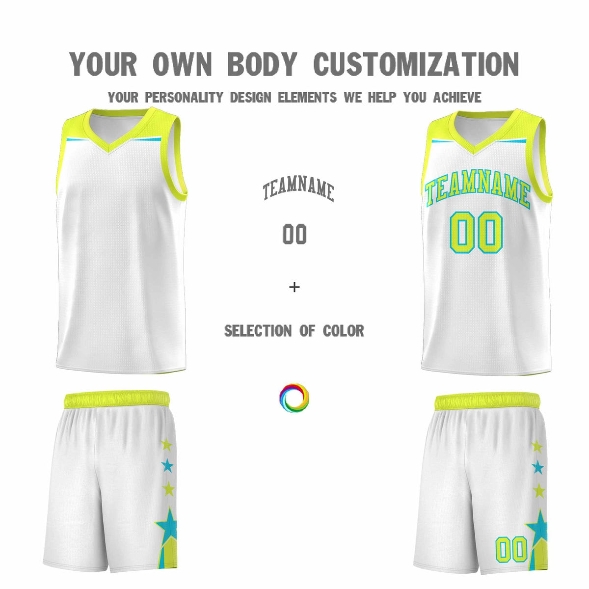 Custom Youth Basketball Uniform White Fluorescent Green Two Tone Side Star Add Name Number & Logo