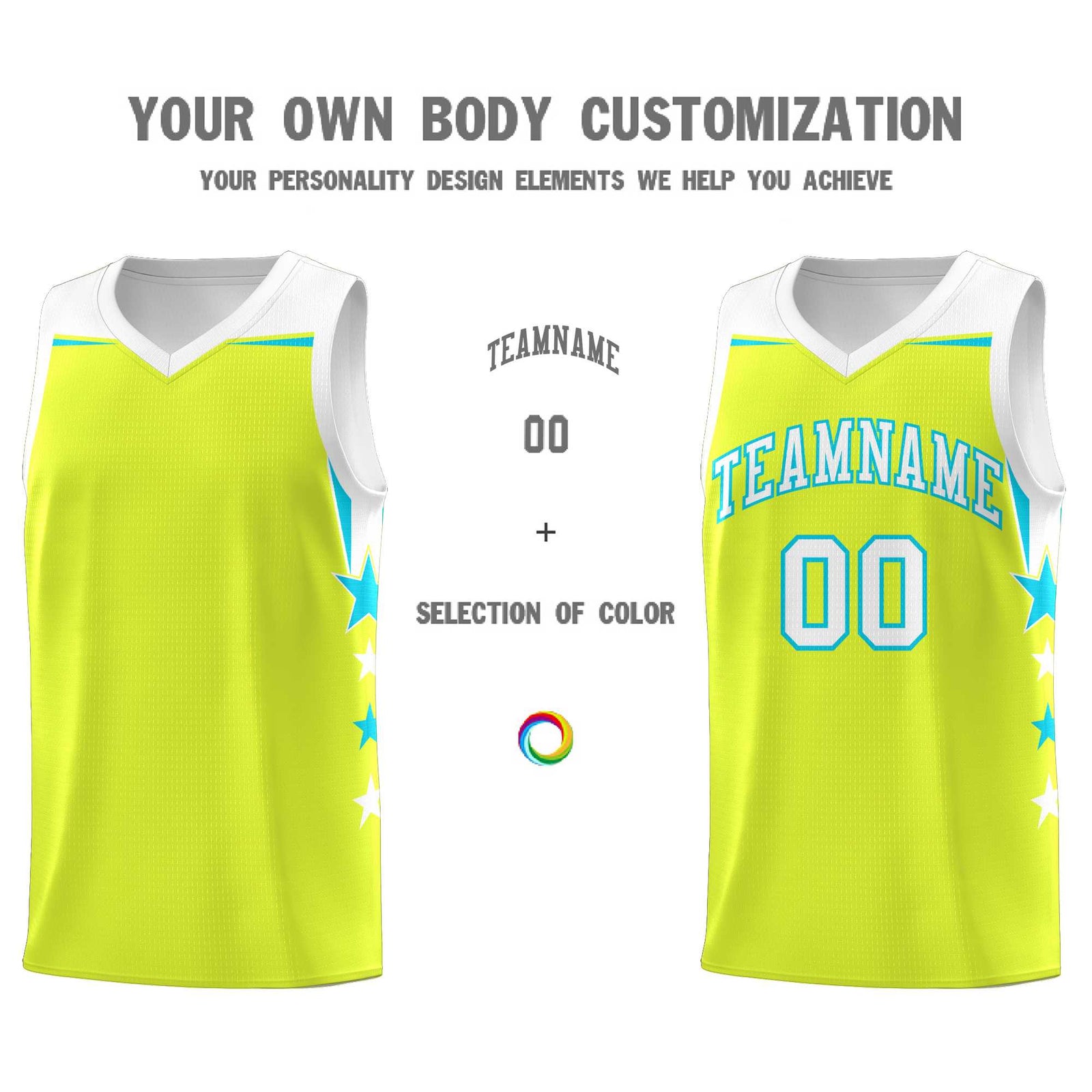 Custom Youth Basketball Uniform Fluorescent Green White Two Tone Side Star Personalized Team Jersey