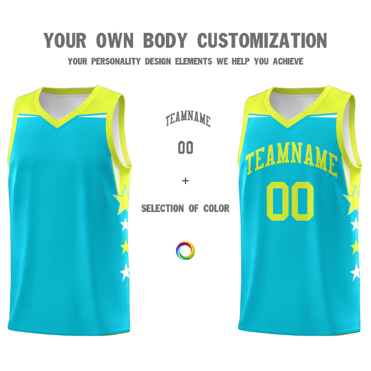 Custom Youth Basketball Uniform Sky Blue Fluorescent Green Two Tone Side Star Color Block Team Jersey