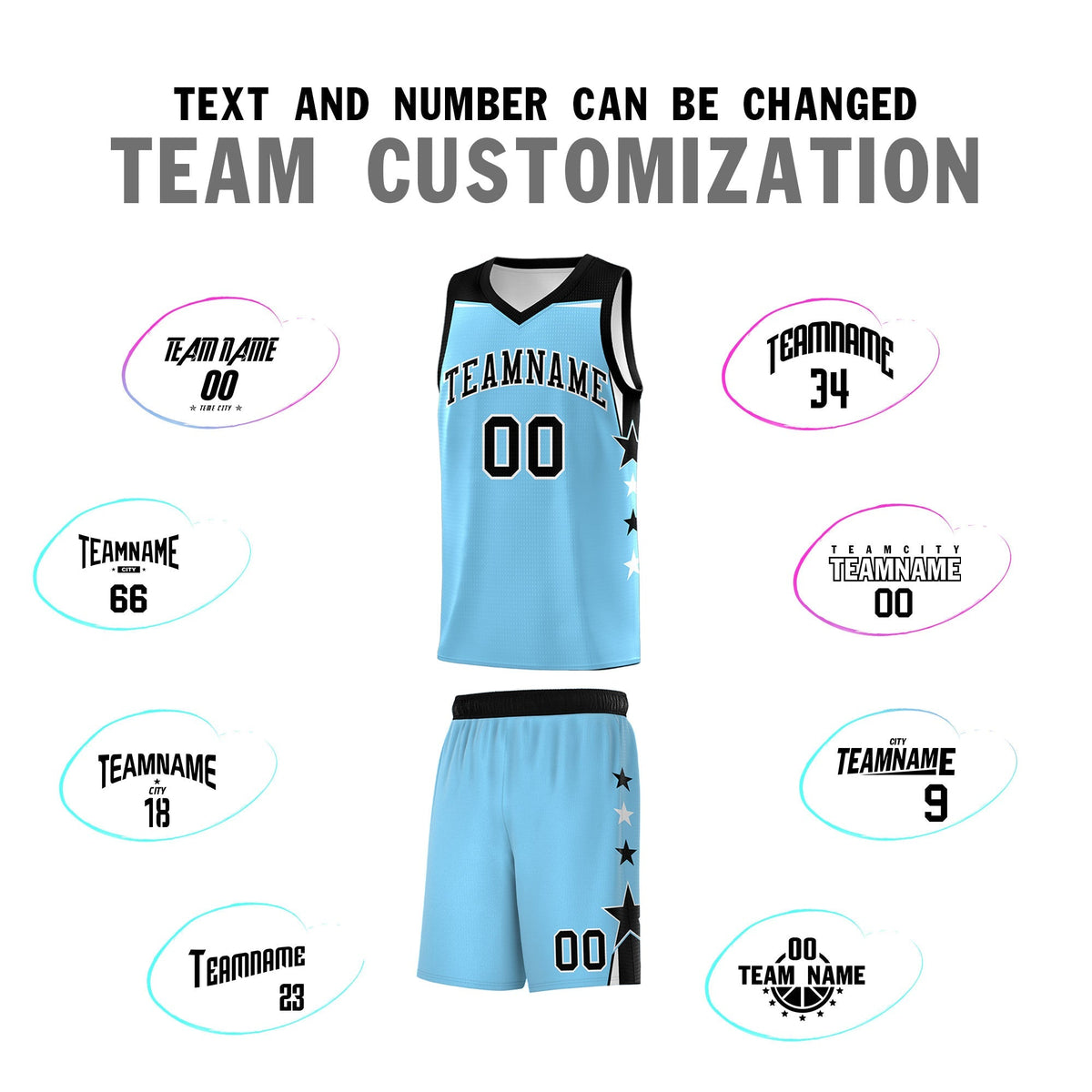 Custom Youth Basketball Uniform Light Blue Black Two Tone Side Star Color Block Team Jersey