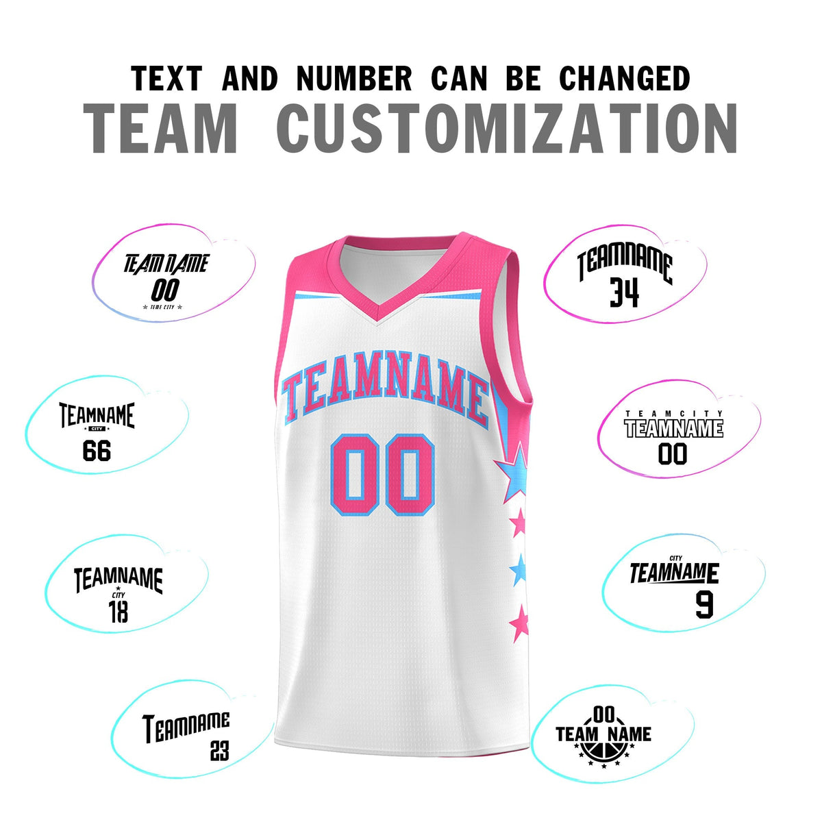 Custom Youth Basketball Uniform White Pink Two Tone Side Star Add Name Number & Logo