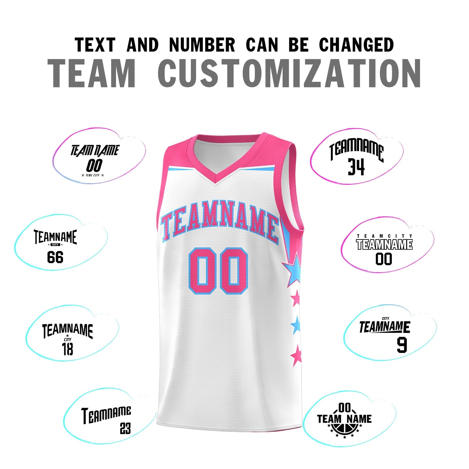 Custom Youth Basketball Uniform White Pink Two Tone Side Star Add Name Number & Logo